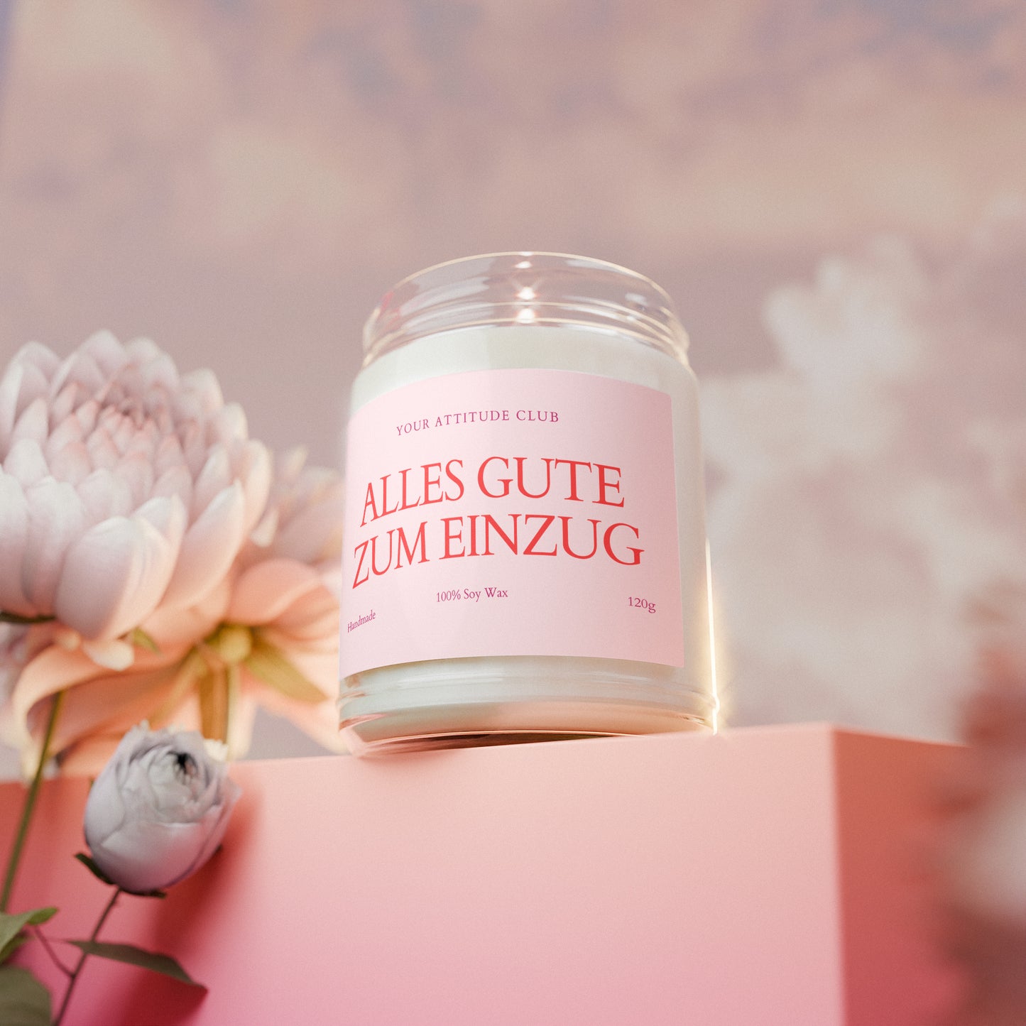 Alles Gute zum Einzug – Personalisierte Kerze mit Name, Geschenk zum Einzug, Sojawachskerze 120ml, Etikett wählbar, Duftkerze 30h Brenndauer