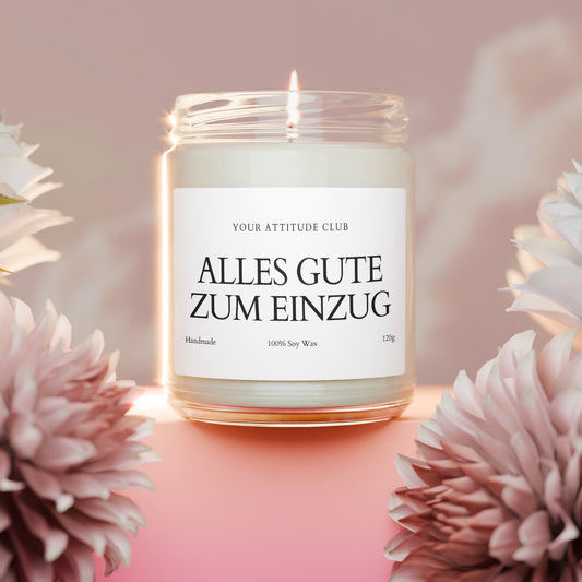 Alles Gute zum Einzug – Geschenkkerze mit Namen, Sojawachs 120ml, Duftkerze mit Etikettfarbe wählbar, Mitbringsel Wohnungseinweihung