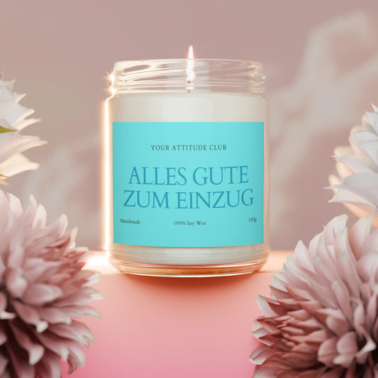 Alles Gute zum Einzug – Geschenkkerze mit Spruch & Name, personalisierte Duftkerze 120ml, Hauswarming Geschenk, Etikett in Wunschfarbe