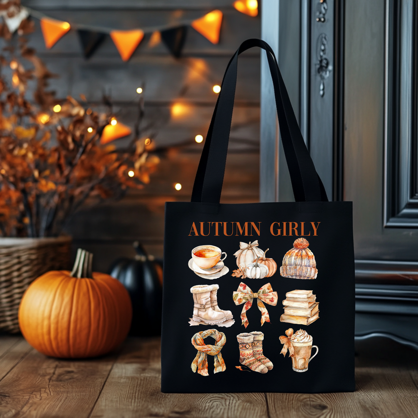 Autumn Essentials Beutel – Baumwolltasche mit Herbstmotiv | Rosa, Beige, Schwarz | 48x42 cm | DTG-Druck | auch als Bügelbild