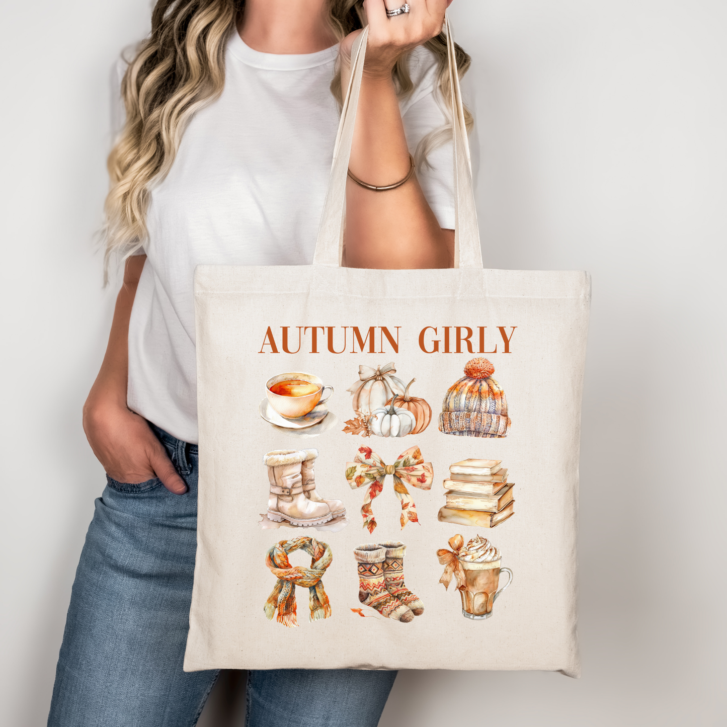 Autumn Essentials Beutel – Baumwolltasche mit Herbstmotiv | Rosa, Beige, Schwarz | 48x42 cm | DTG-Druck | auch als Bügelbild