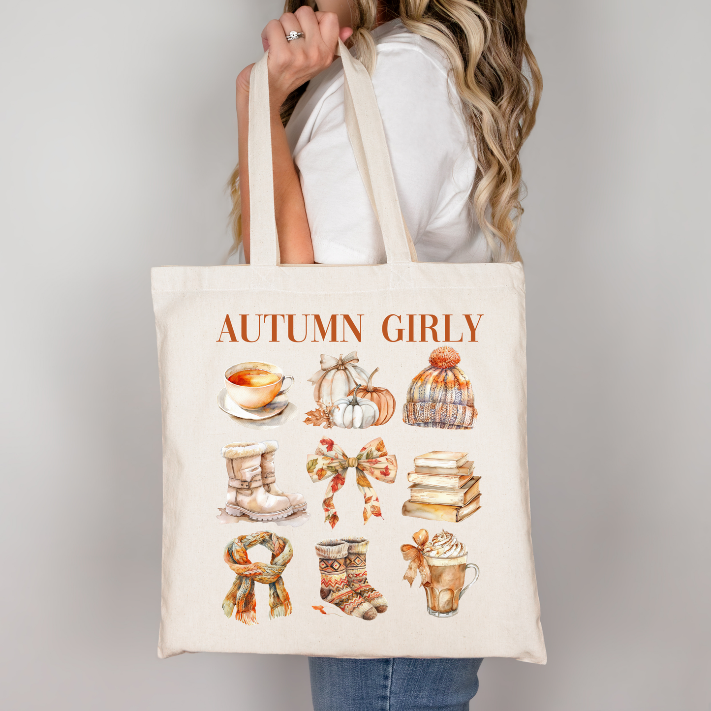 Autumn Essentials Beutel – Baumwolltasche mit Herbstmotiv | Rosa, Beige, Schwarz | 48x42 cm | DTG-Druck | auch als Bügelbild