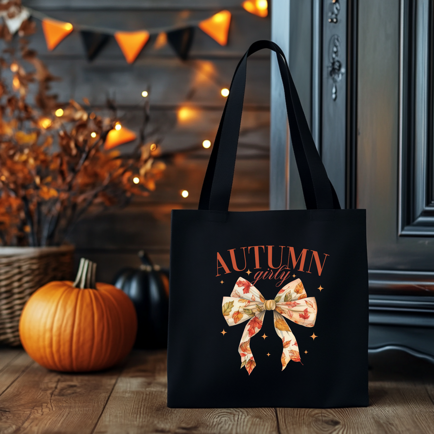 Herbst Tasche “Autumn Girly” – Baumwollbeutel mit Schleifen-Motiv & Blättern – DTG bedruckt – Rosa, Beige oder Schwarz – 48x42 cm – Auch als Bügelbild erhältlich