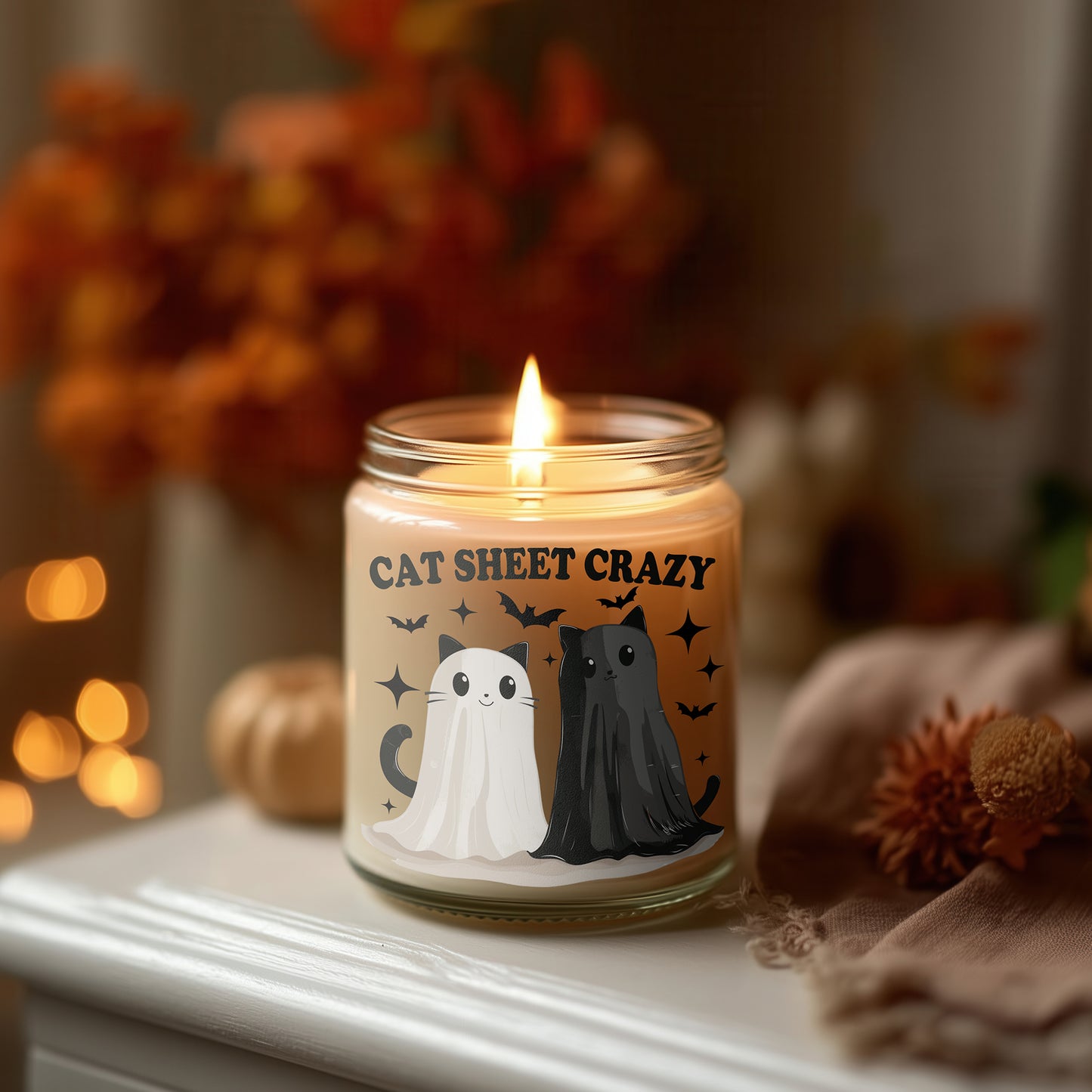 Halloween Kerze Glas Cat Sheet Crazy | Lustige Katzen Duftkerze | Herbstdeko Geschenk Frauen | Vegane Sojawachs Candle Home Decor