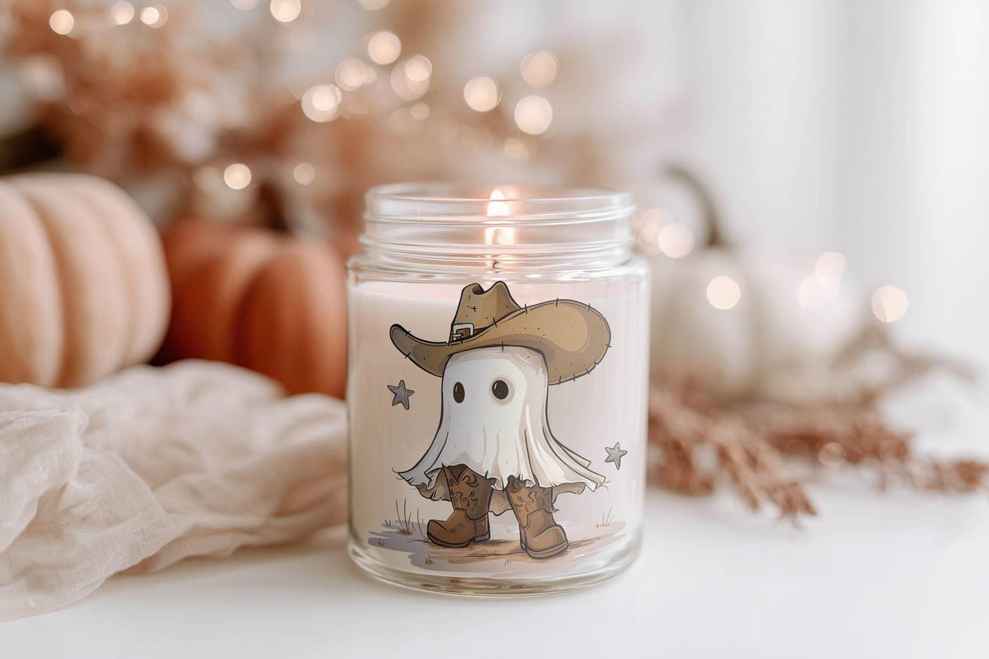 Halloween Kerze Glas Cowboy Ghost | Lustige Herbst Duftkerze Sojawachs | Geschenkidee Frauen | Cozy Candle Home Decor Herbst Deko