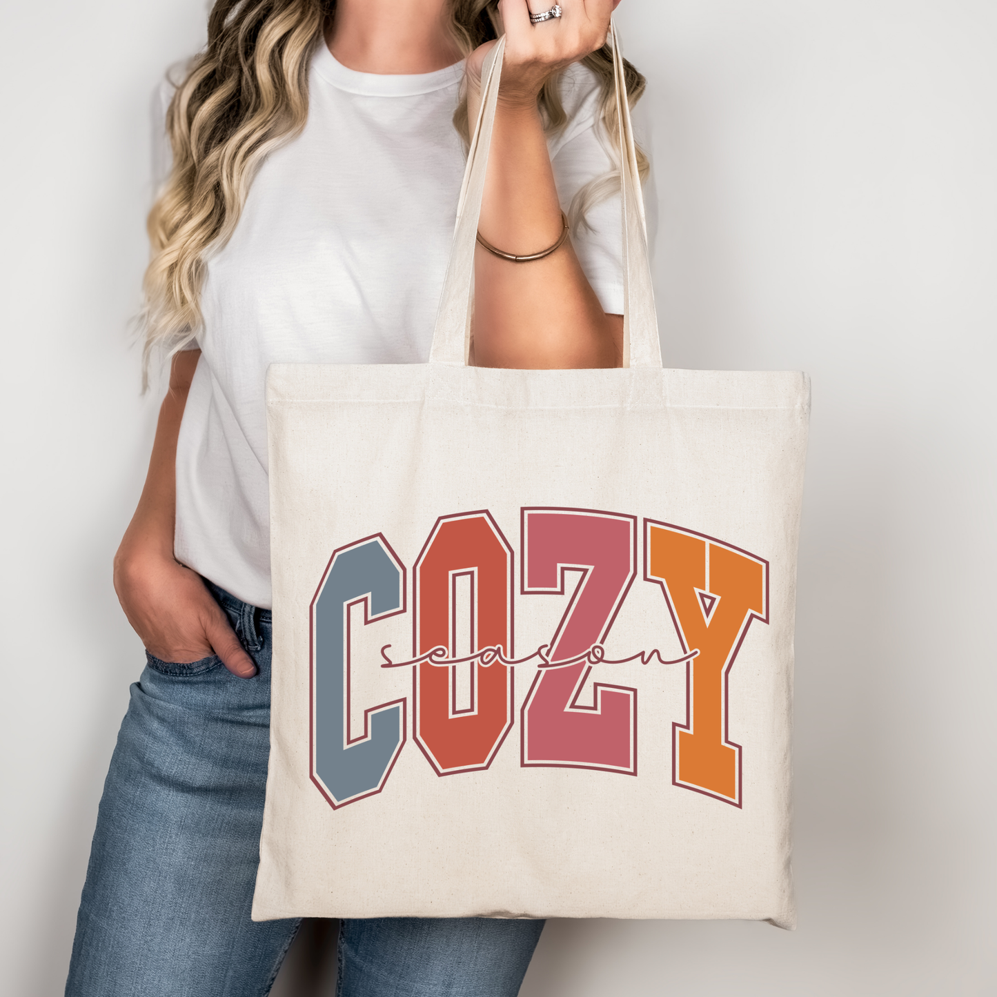 Herbst Baumwollbeutel „Cozy Season“ – Vintage Look Jutebeutel – DTG Druck – Tasche 38x42cm – Rosa, Beige oder Schwarz – Motiv auch als Bügelbild