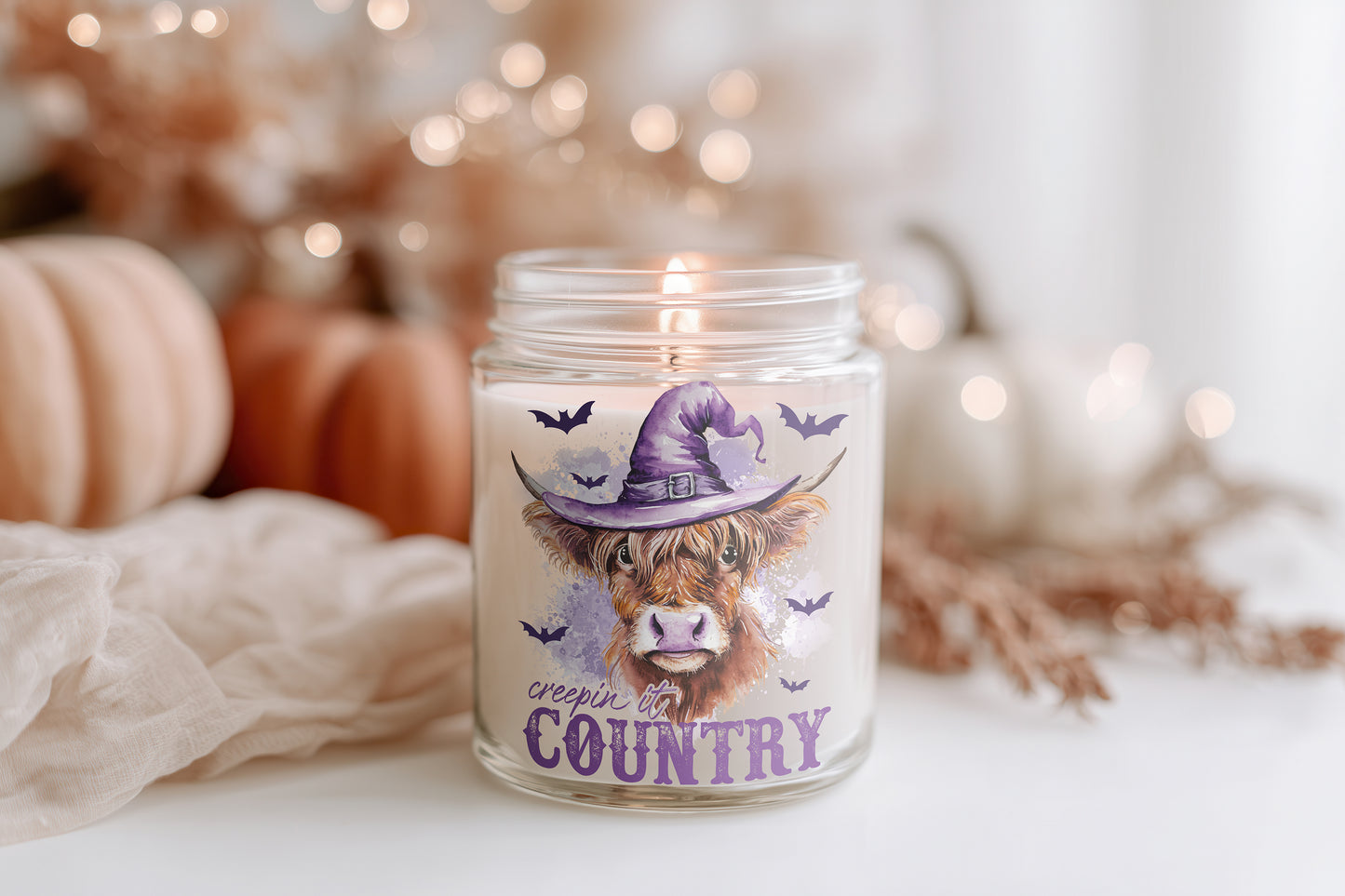 Halloween Kerze Glas Creepin’ It Country | Lustige Kuh Duftkerze Sojawachs | Herbstdeko Geschenkidee Frauen | Cozy Candle Home Decor