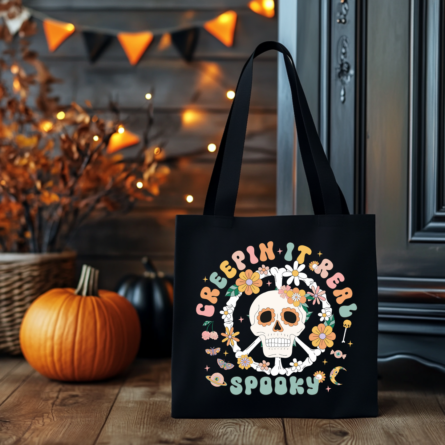 Creepin it Real Spooky Totenkopf Tasche Halloween Beutel Skull Print – Baumwolltasche Schwarz Beige Rosa – 38x42cm – auch als Bügelbild erhältlich