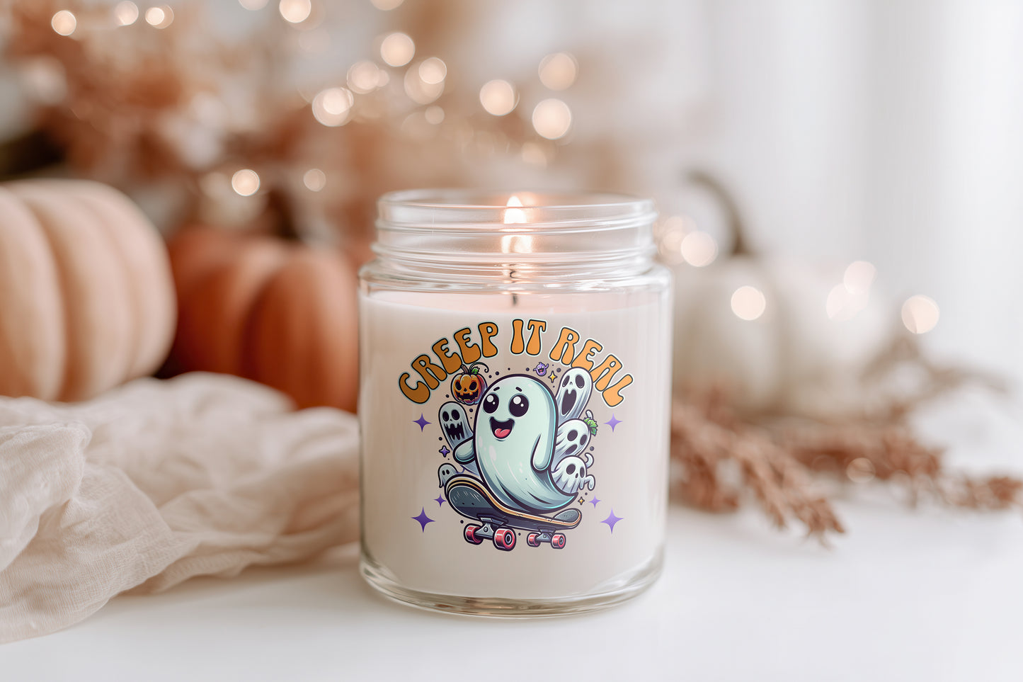 Halloween Kerze Glas Creep It Real | Lustige Ghost Duftkerze Sojawachs | Herbstdeko Geschenkidee Frauen | Cozy Candle Home Decor