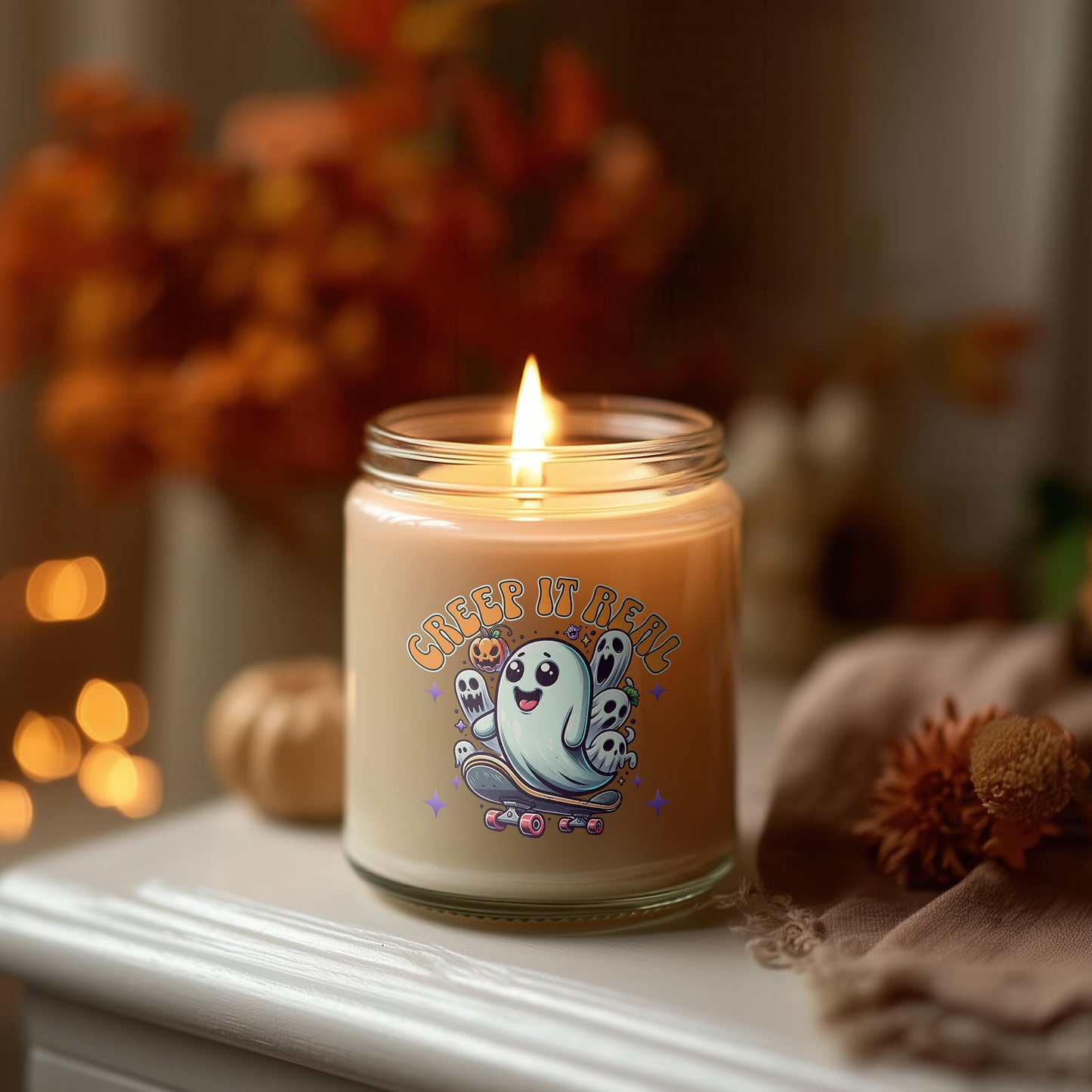 Halloween Kerze Glas Creep It Real | Lustige Ghost Duftkerze Sojawachs | Herbstdeko Geschenkidee Frauen | Cozy Candle Home Decor