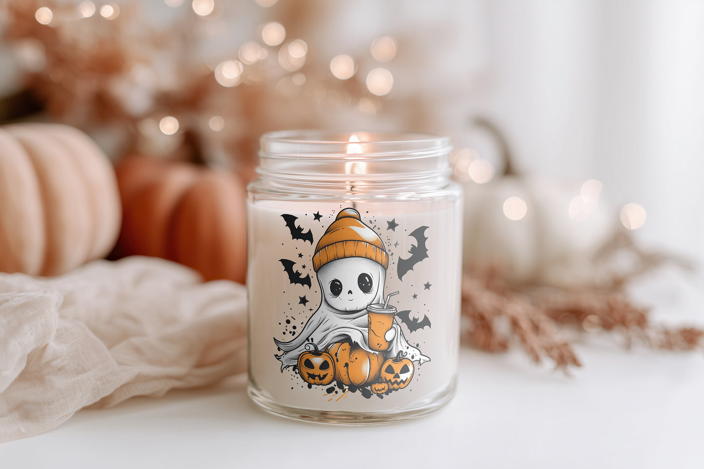 Halloween Kerze Glas Cute Ghost Coffee | Lustige Herbst Duftkerze Sojawachs | Geschenkidee Frauen | Cozy Candle Home Decor Herbst Deko