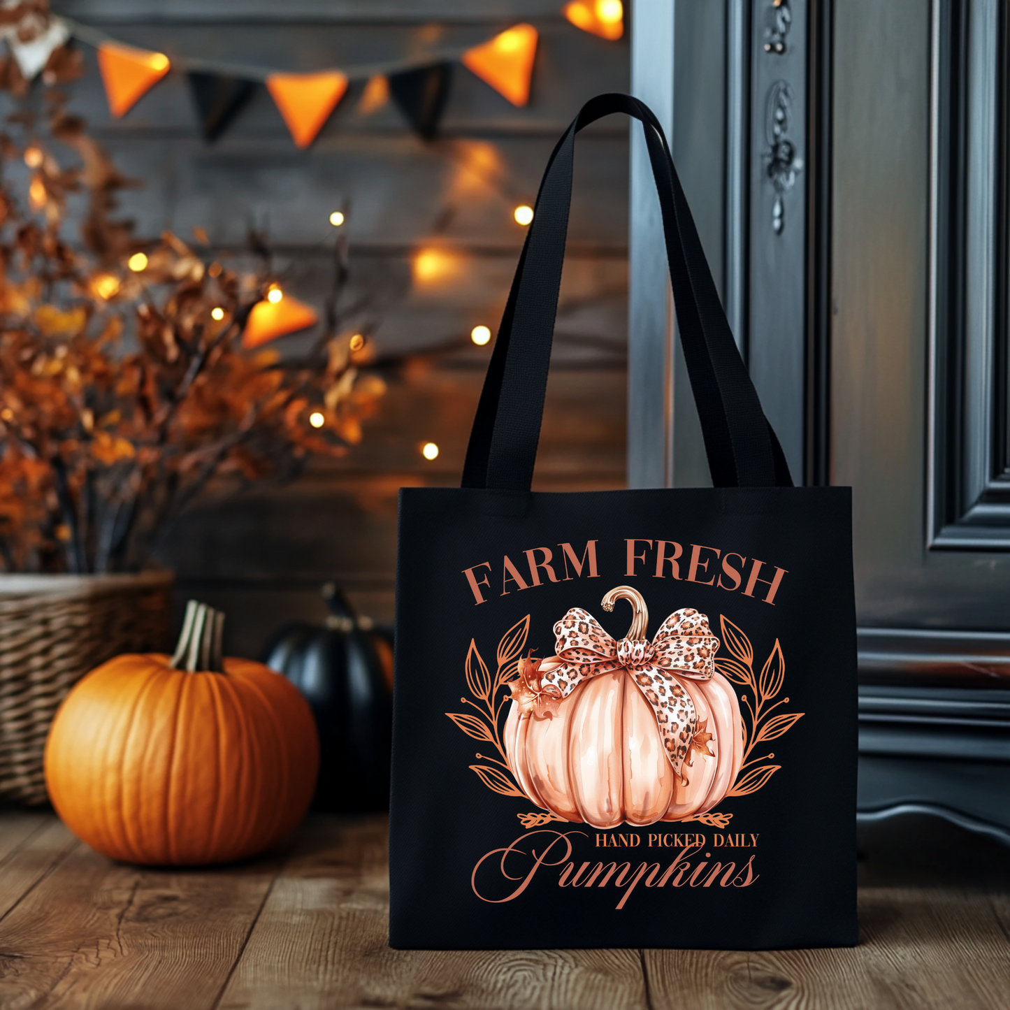 Herbst Baumwollbeutel mit Kürbis Print – „Farm Fresh Pumpkins“ – Halloween Einkaufstasche – DTG Druck – Beige, Schwarz & Rosa – Auch als Bügelbild erhältlich
