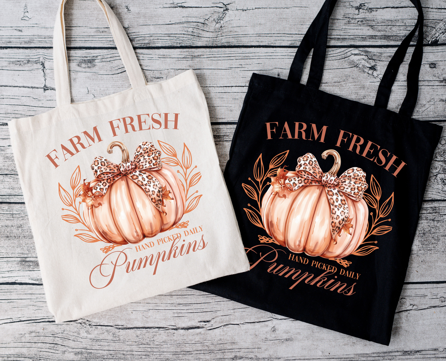 Herbst Baumwollbeutel mit Kürbis Print – „Farm Fresh Pumpkins“ – Halloween Einkaufstasche – DTG Druck – Beige, Schwarz & Rosa – Auch als Bügelbild erhältlich