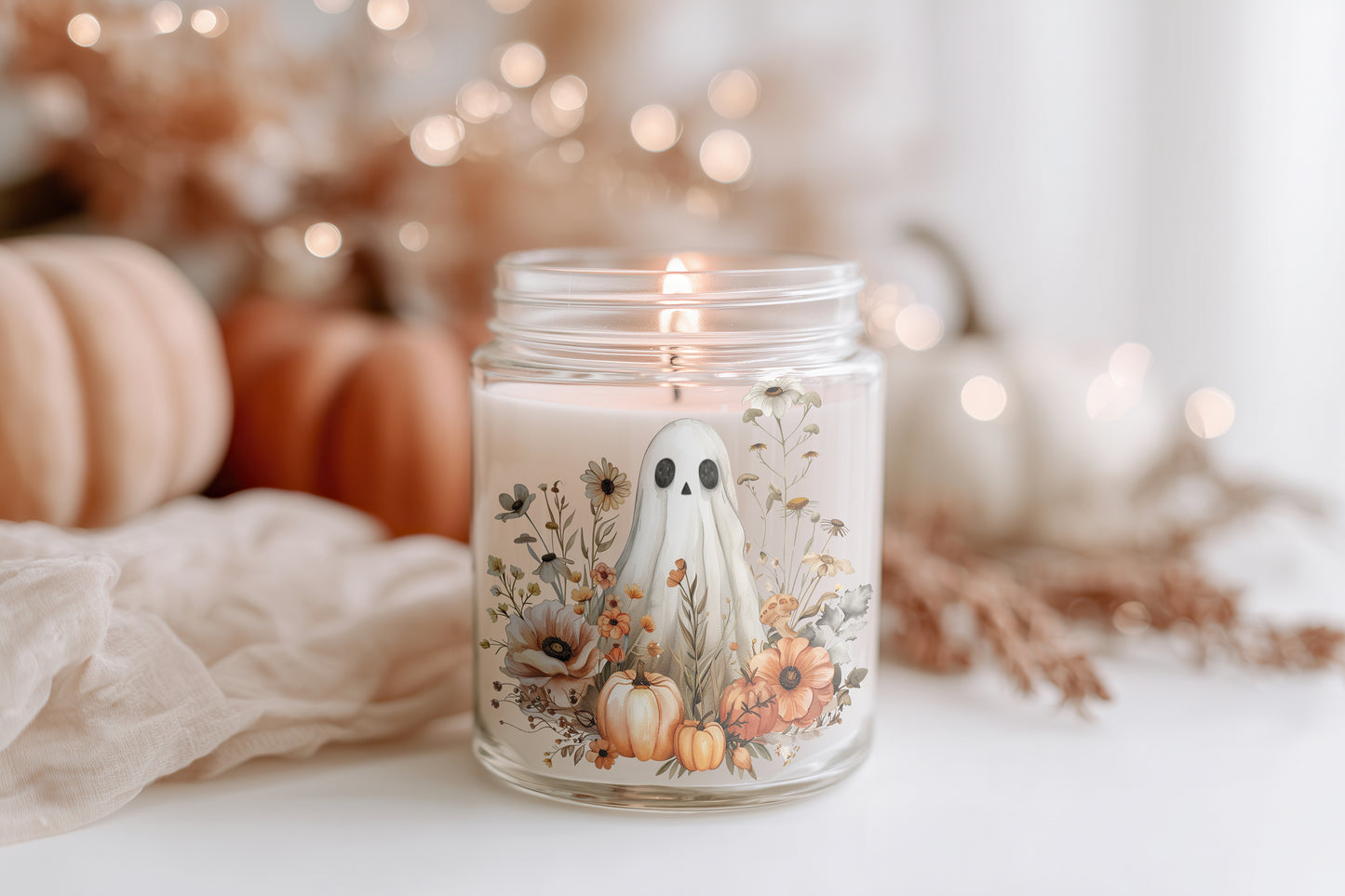 Ghost in the Flowers Candle Kürbis Kerze Glas | vegane Herbst Duftkerze Sojawachs | Halloween Kerze Deko Geschenkidee Frauen Cozy Autumn