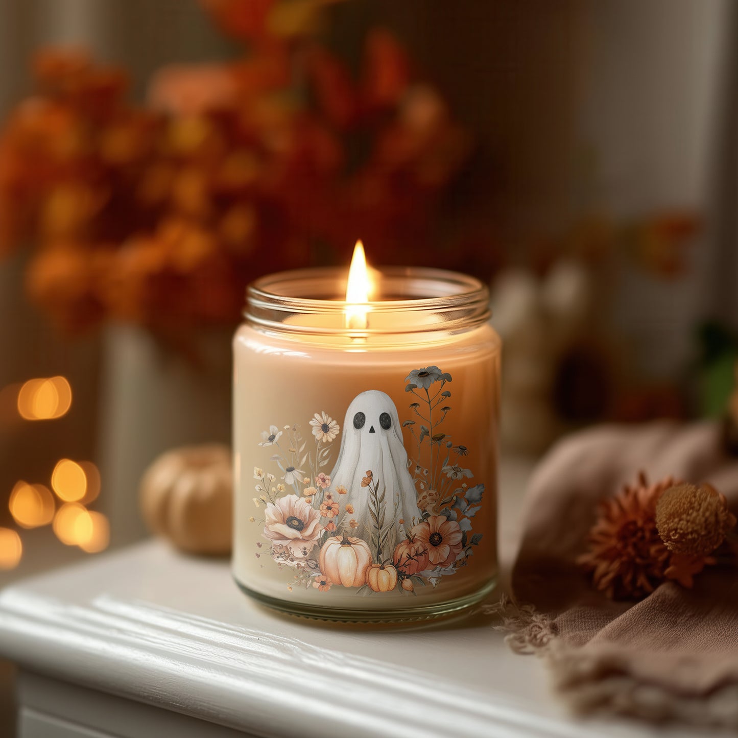 Ghost in the Flowers Candle Kürbis Kerze Glas | vegane Herbst Duftkerze Sojawachs | Halloween Kerze Deko Geschenkidee Frauen Cozy Autumn
