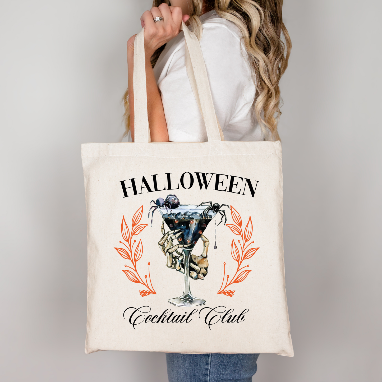 Halloween Cocktail Club Beutel – Schwarze Spinne & Skelett Hand – Baumwolltasche mit Druck – Halloween Tragetasche – auch als Bügelbild für Shirt, Kissen & Co.