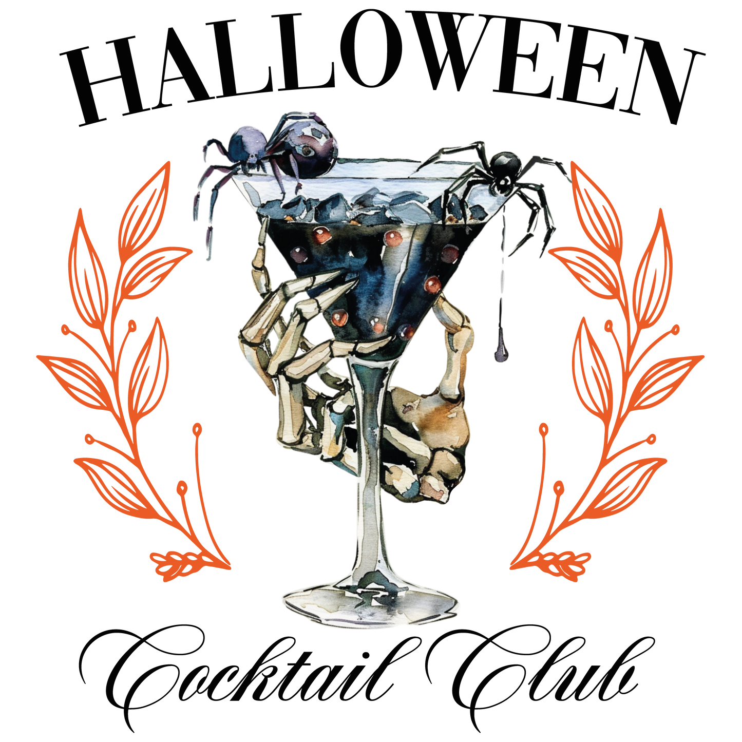 Halloween Cocktail Club Beutel – Schwarze Spinne & Skelett Hand – Baumwolltasche mit Druck – Halloween Tragetasche – auch als Bügelbild für Shirt, Kissen & Co.