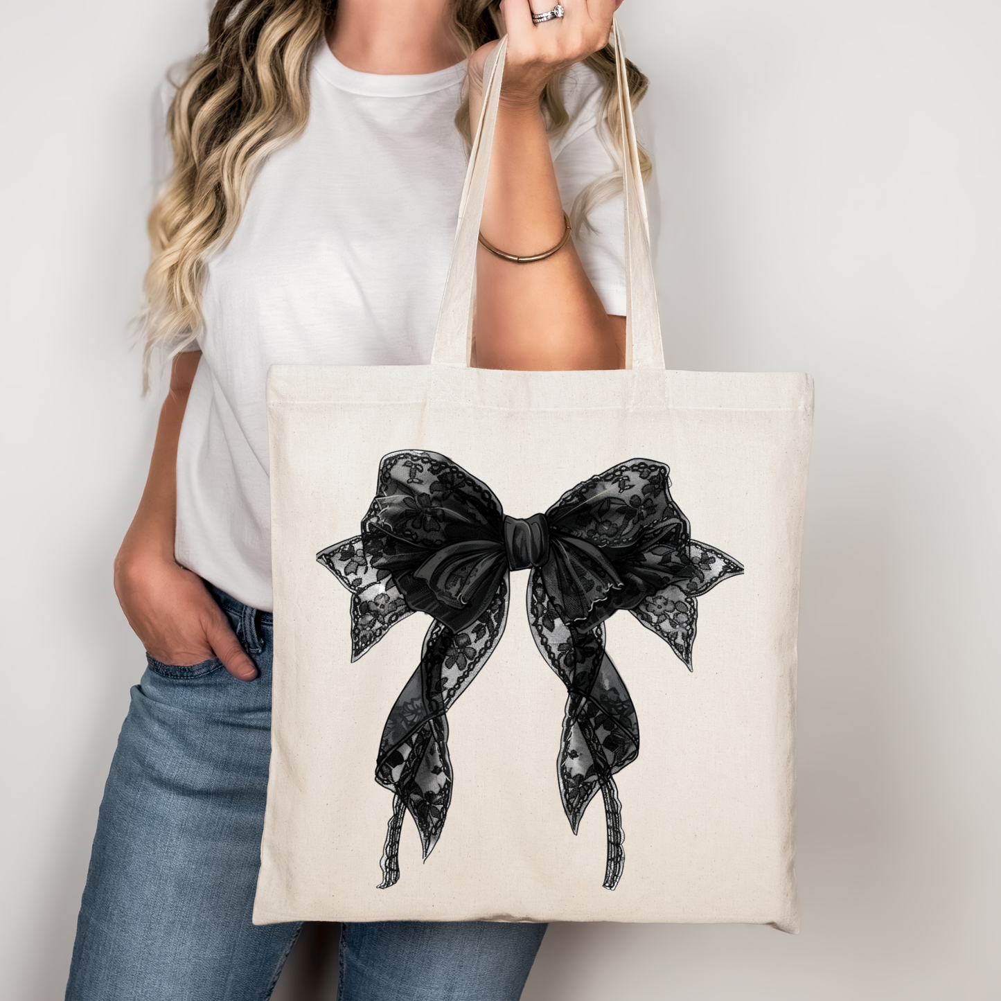 Baumwolltasche mit schwarzer Spitzen-Schleife – Gothic Tote Bag – Halloween Beutel – auch als Bügelbild für T-Shirt, Kissen & Co erhältlich