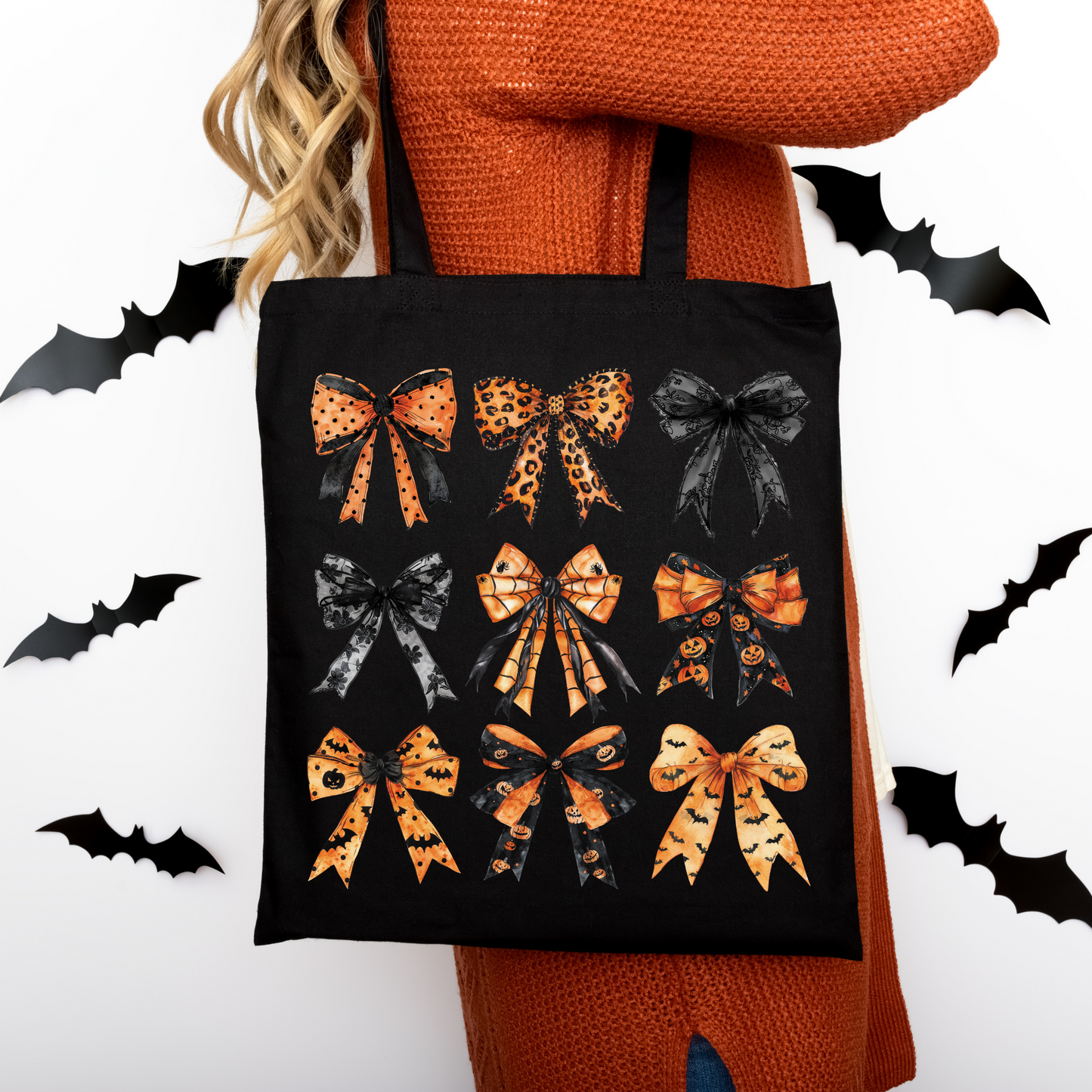 Halloween Tragetasche mit Schleifen | Baumwollbeutel mit Schleifen-Print | Halloween-Tasche in Beige, Rosa oder Schwarz | Bügelbild optional