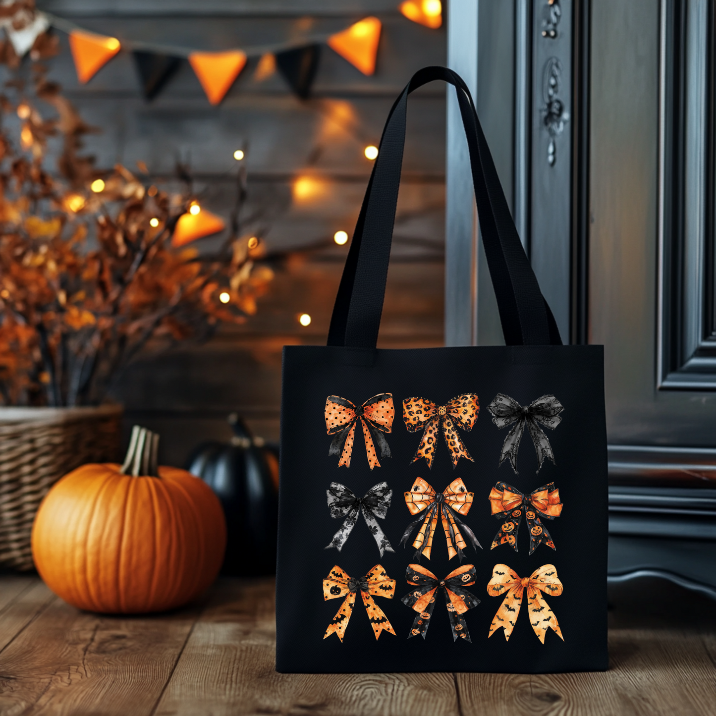 Halloween Tragetasche mit Schleifen | Baumwollbeutel mit Schleifen-Print | Halloween-Tasche in Beige, Rosa oder Schwarz | Bügelbild optional