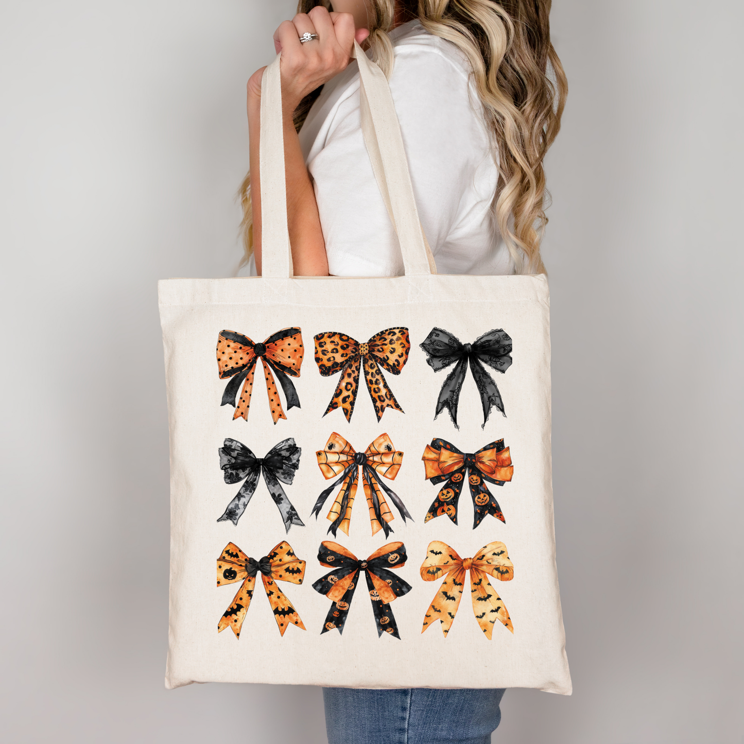 Halloween Tragetasche mit Schleifen | Baumwollbeutel mit Schleifen-Print | Halloween-Tasche in Beige, Rosa oder Schwarz | Bügelbild optional