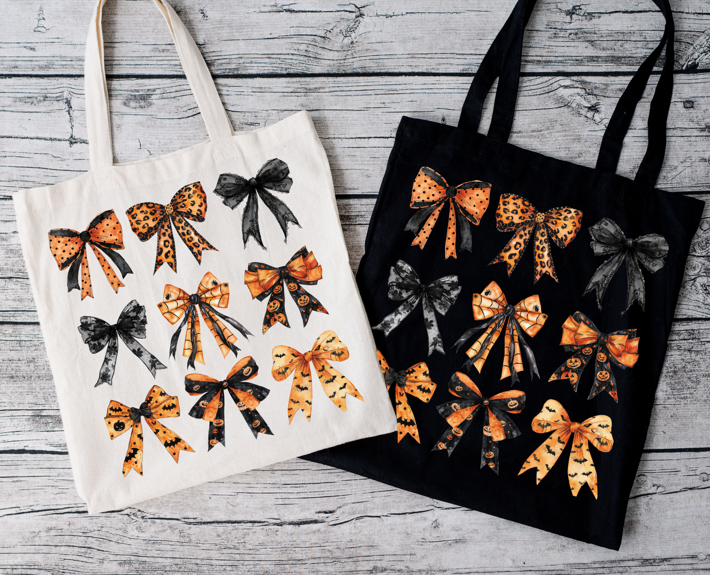 Halloween Tragetasche mit Schleifen | Baumwollbeutel mit Schleifen-Print | Halloween-Tasche in Beige, Rosa oder Schwarz | Bügelbild optional