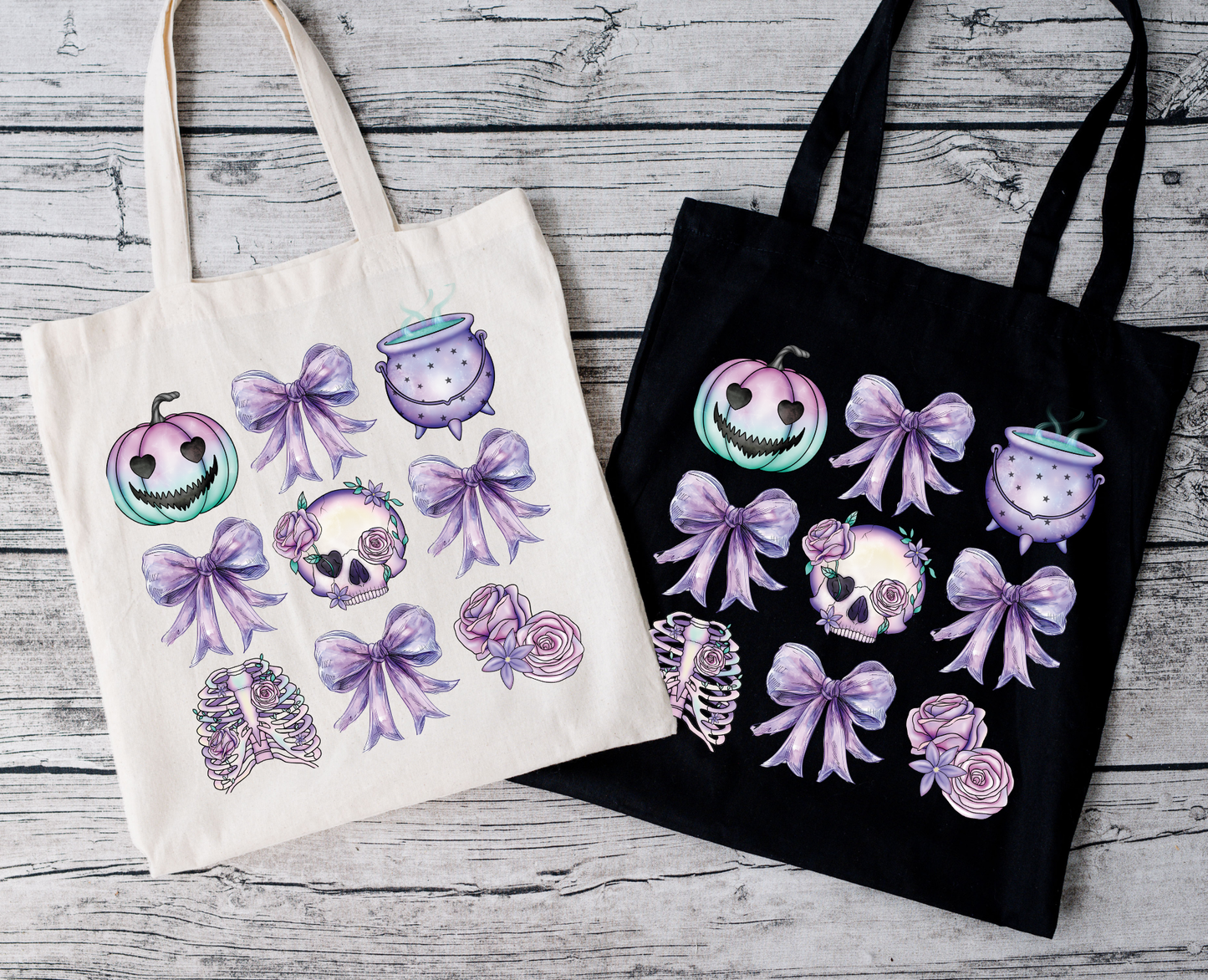 Halloween Tragetasche mit lila Kürbis & Schleifen – Baumwollbeutel in Rosa, Beige oder Schwarz – Geschenkidee – auch als Bügelbild für T-Shirt, Kissen & Co