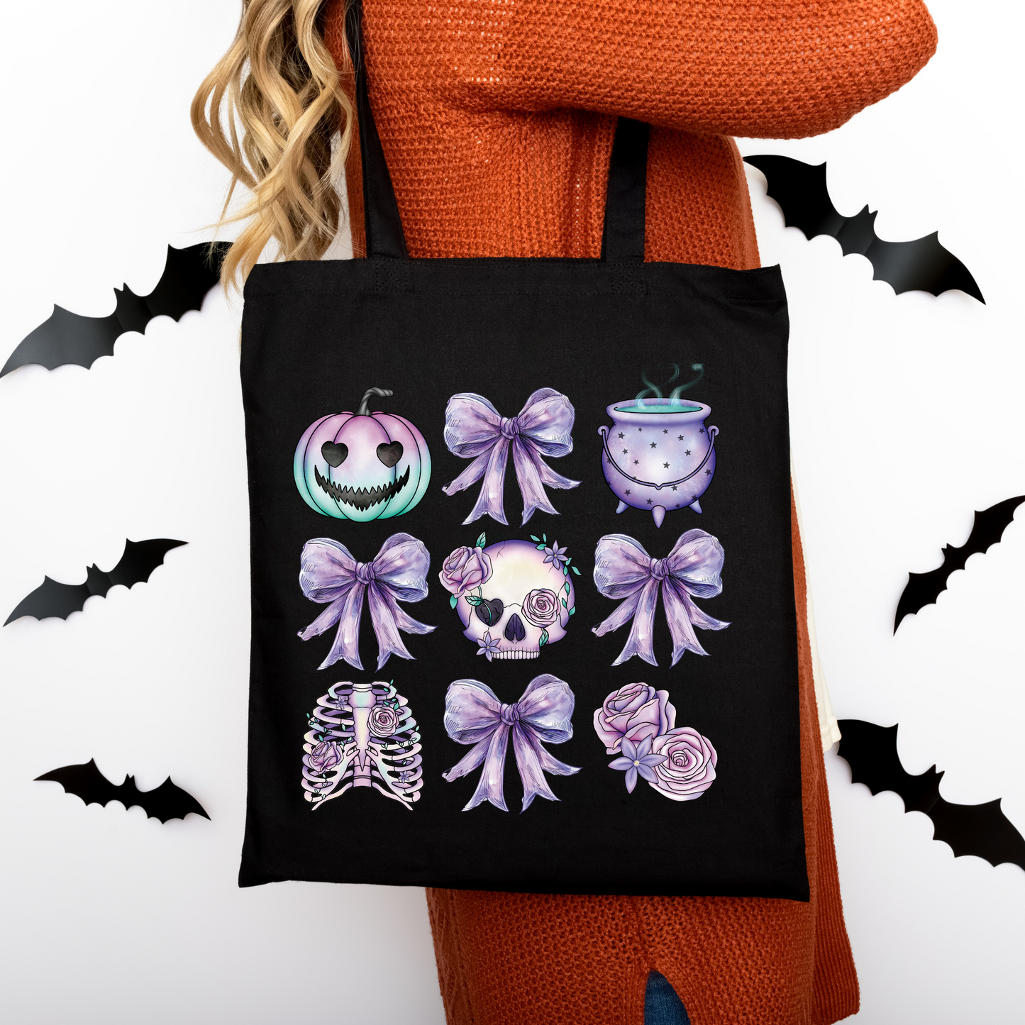 Halloween Tragetasche mit lila Kürbis & Schleifen – Baumwollbeutel in Rosa, Beige oder Schwarz – Geschenkidee – auch als Bügelbild für T-Shirt, Kissen & Co