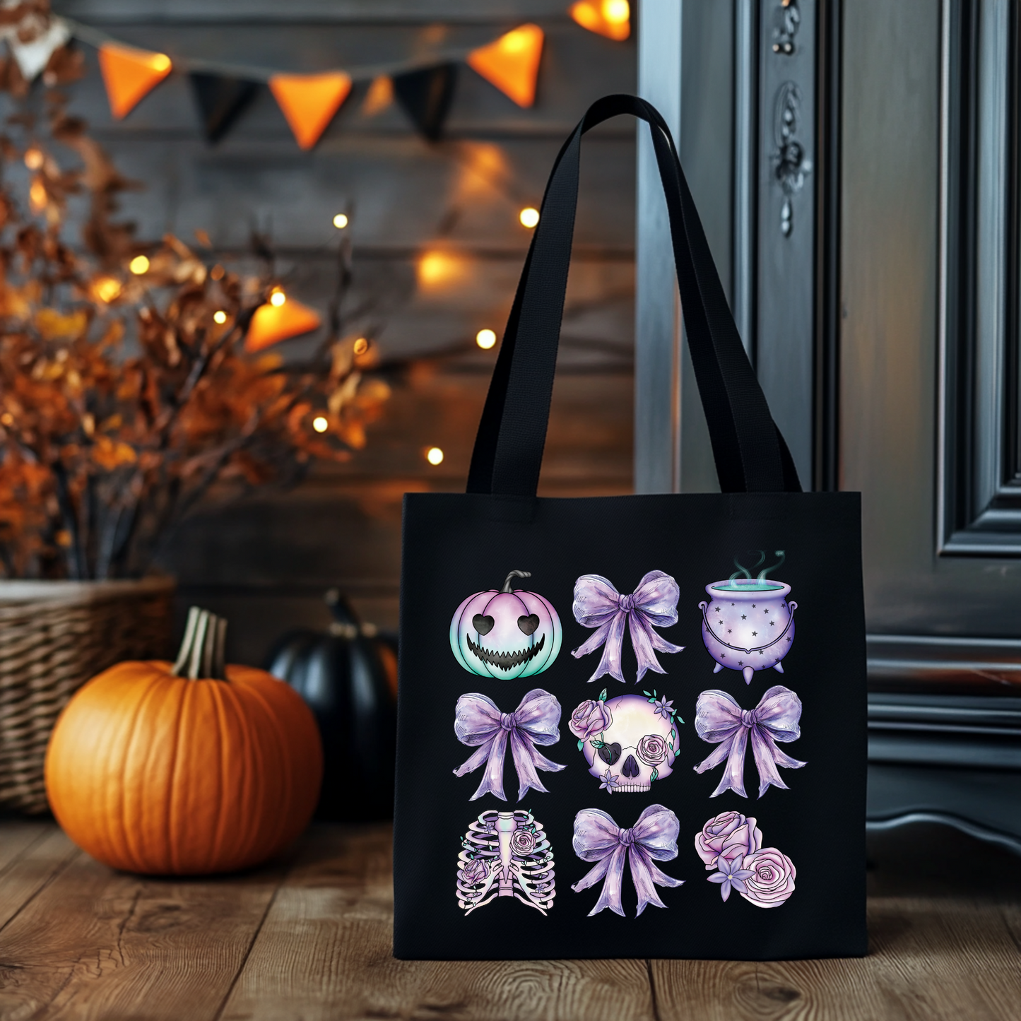 Halloween Tragetasche mit lila Kürbis & Schleifen – Baumwollbeutel in Rosa, Beige oder Schwarz – Geschenkidee – auch als Bügelbild für T-Shirt, Kissen & Co