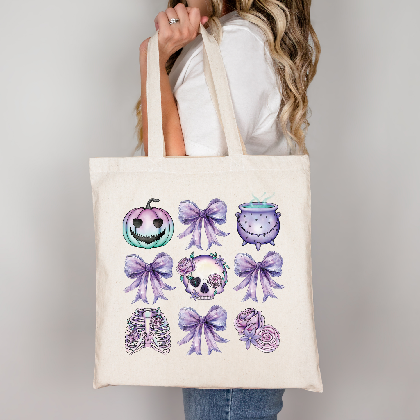 Halloween Tragetasche mit lila Kürbis & Schleifen – Baumwollbeutel in Rosa, Beige oder Schwarz – Geschenkidee – auch als Bügelbild für T-Shirt, Kissen & Co