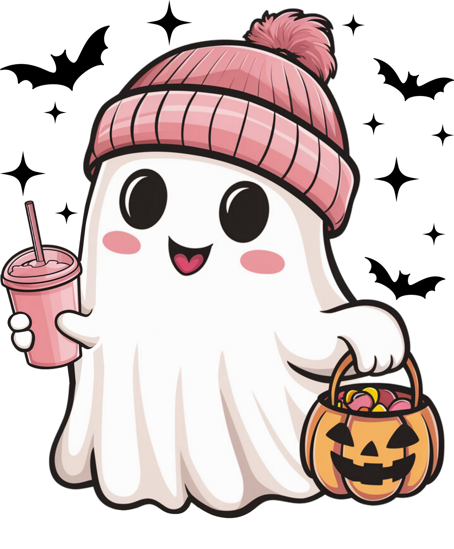Kawaii Ghost Halloween Tasche – Baumwollbeutel mit Geist Motiv – Trick or Treat Bag – Rosa Geist mit Mütze – Halloween Tote Bag – DTG Druck – Motiv auch als Bügelbild