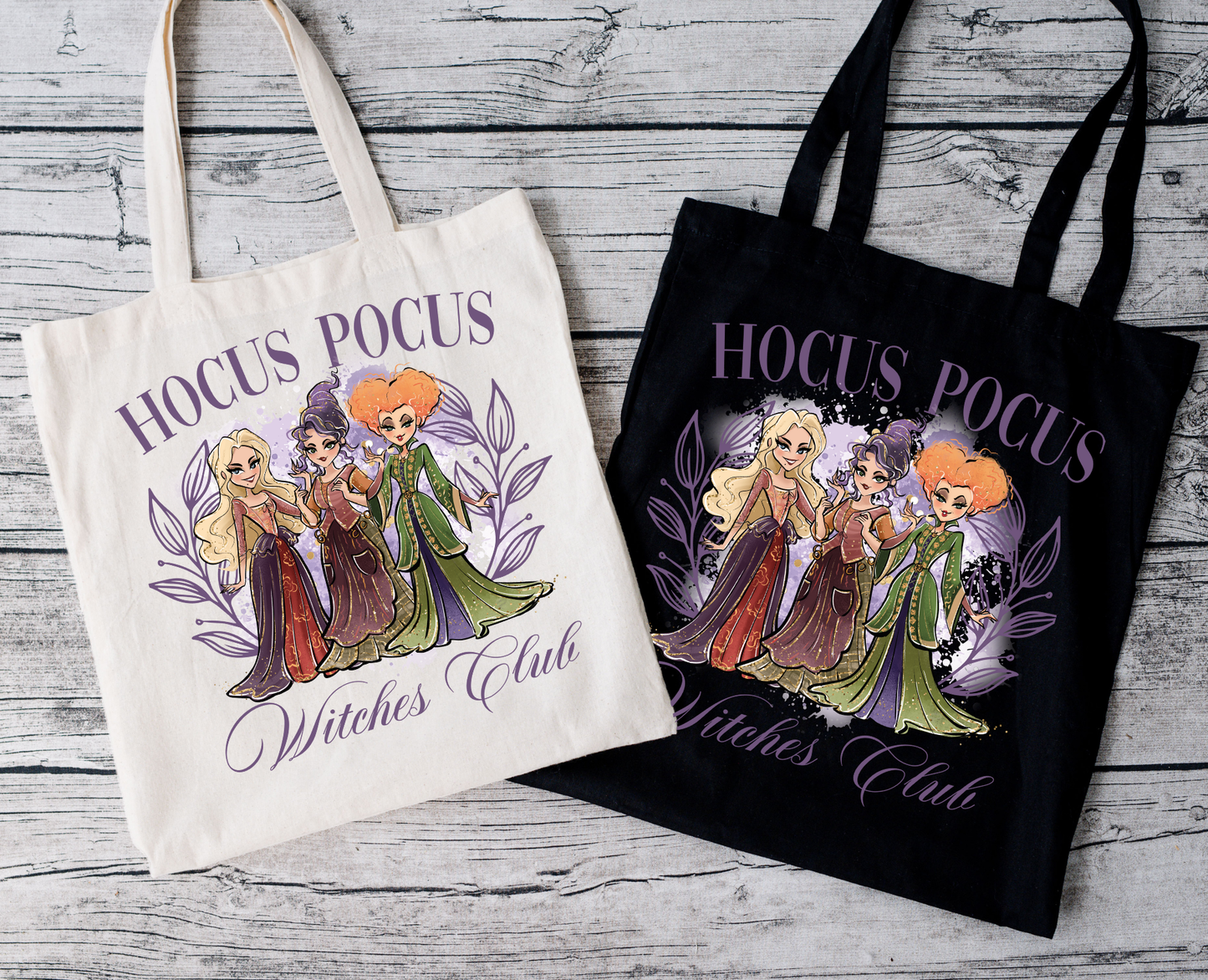 Hocus Pocus Witches Club Tragetasche Halloween Baumwollbeutel 38x42 cm – schwarz, beige, rosa – auch als Bügelbild für Shirt, Tasche, Kissen – Hexen Motiv DTG-Druck