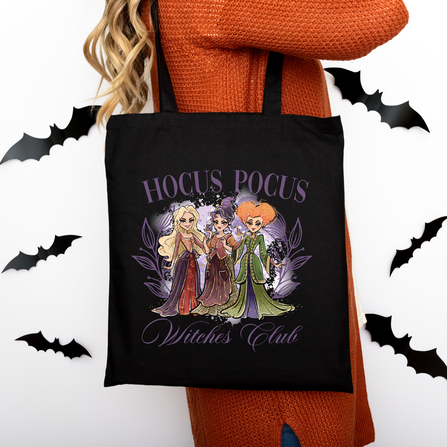 Hocus Pocus Witches Club Tragetasche Halloween Baumwollbeutel 38x42 cm – schwarz, beige, rosa – auch als Bügelbild für Shirt, Tasche, Kissen – Hexen Motiv DTG-Druck
