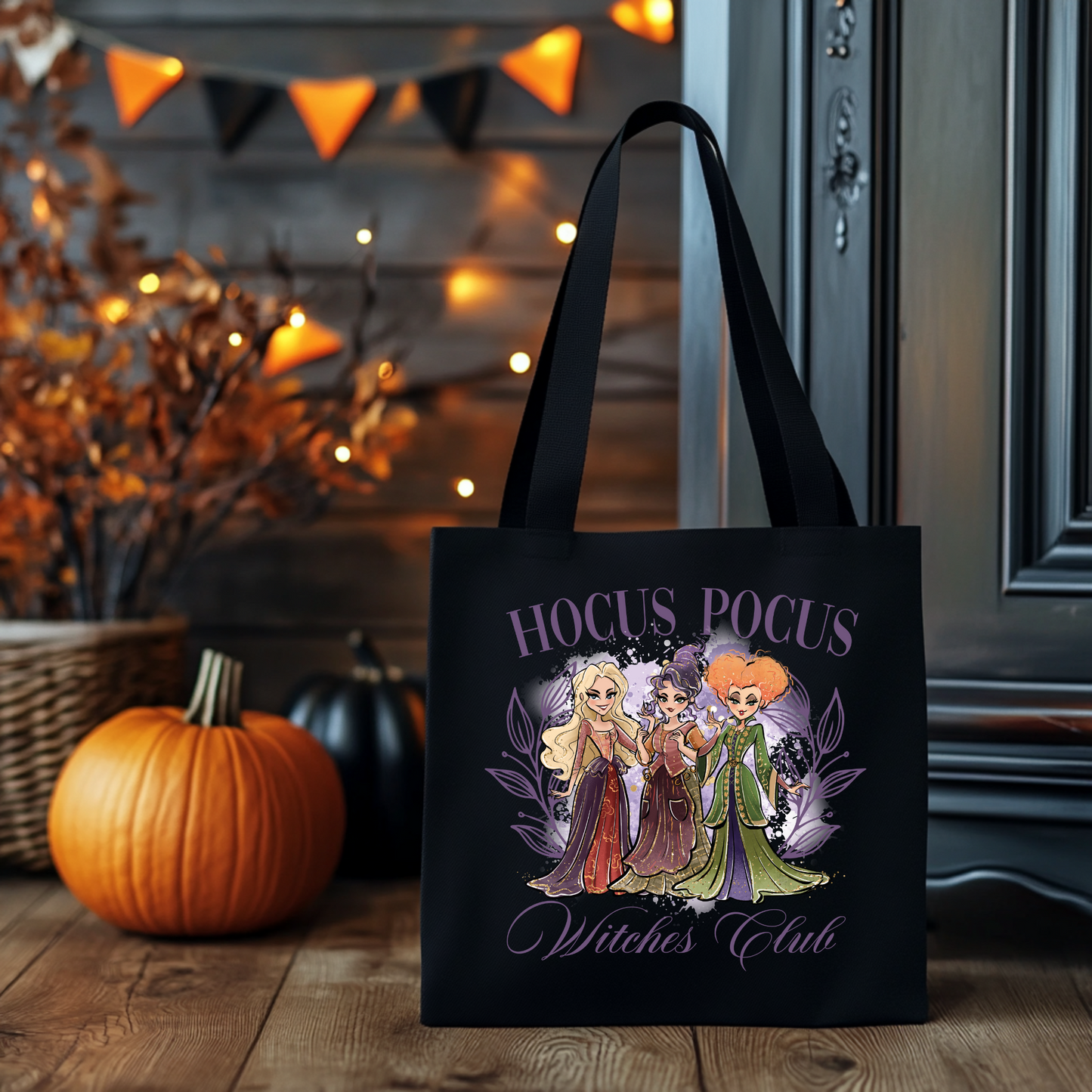 Hocus Pocus Witches Club Tragetasche Halloween Baumwollbeutel 38x42 cm – schwarz, beige, rosa – auch als Bügelbild für Shirt, Tasche, Kissen – Hexen Motiv DTG-Druck