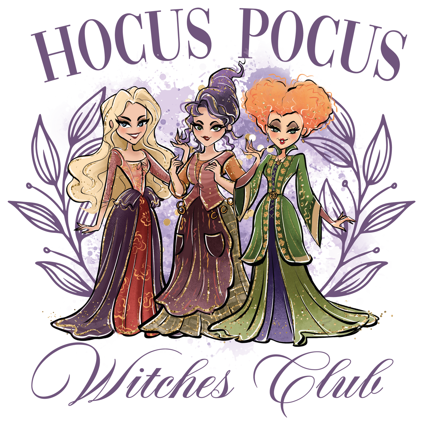Hocus Pocus Witches Club Tragetasche Halloween Baumwollbeutel 38x42 cm – schwarz, beige, rosa – auch als Bügelbild für Shirt, Tasche, Kissen – Hexen Motiv DTG-Druck