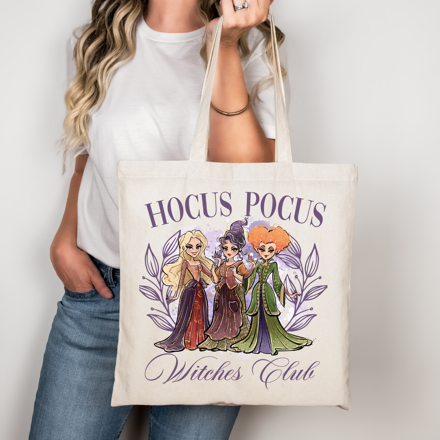 Hocus Pocus Witches Club Tragetasche Halloween Baumwollbeutel 38x42 cm – schwarz, beige, rosa – auch als Bügelbild für Shirt, Tasche, Kissen – Hexen Motiv DTG-Druck