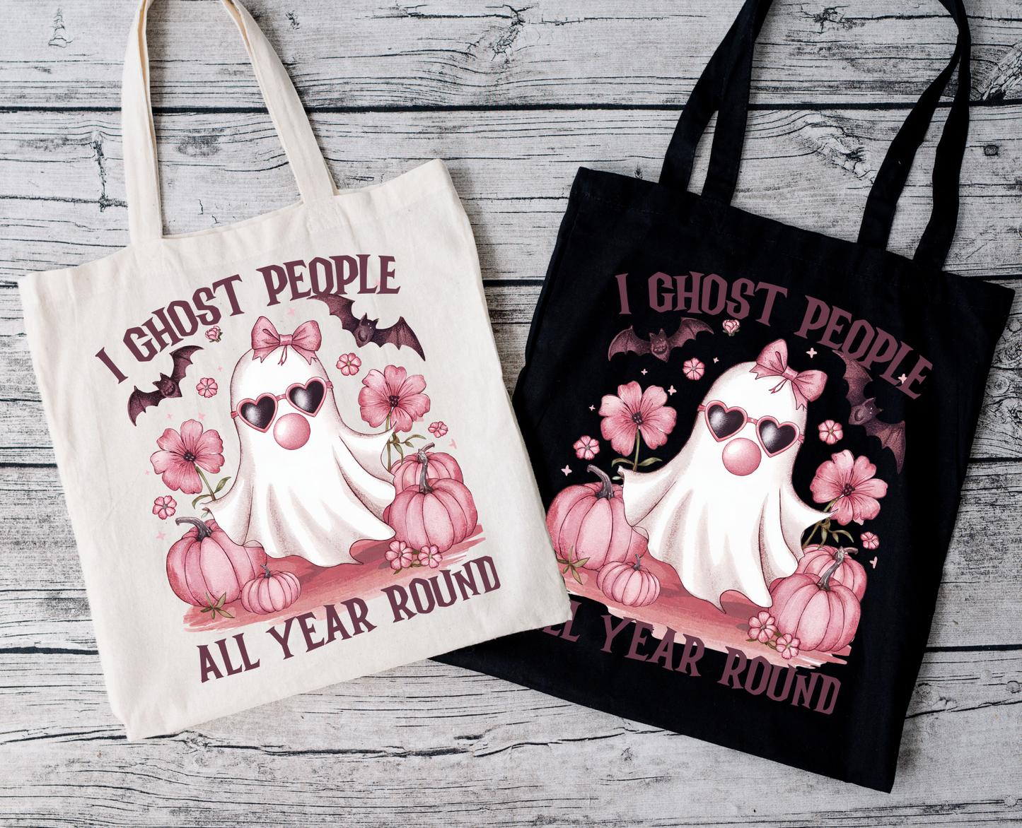Halloween Baumwolltasche – I Ghost People All Year Round – Schwarze & Beige Tote Bag – DTG Druck – Geschenk für Geisterfans – Motiv auch als Bügelbild