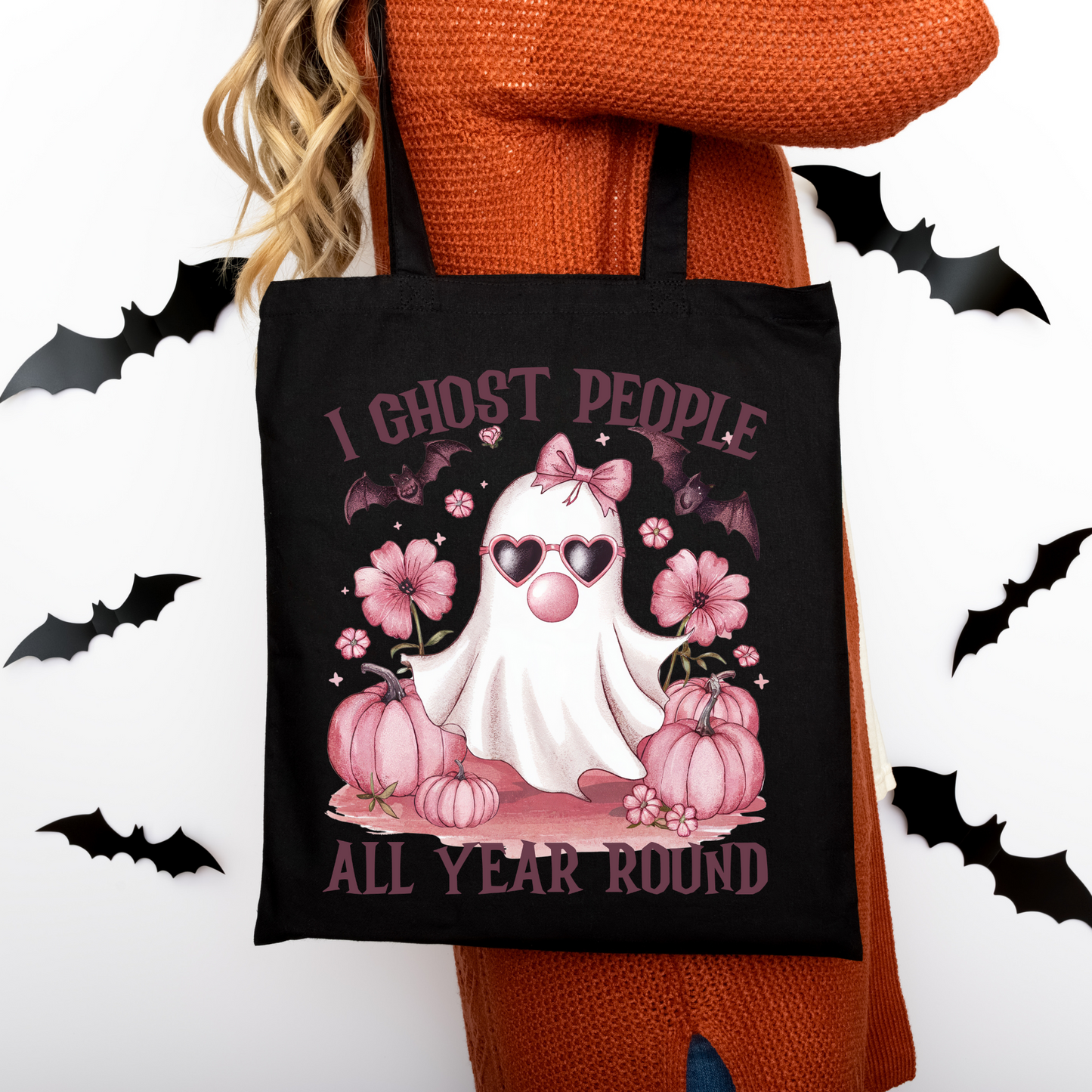 Halloween Baumwolltasche – I Ghost People All Year Round – Schwarze & Beige Tote Bag – DTG Druck – Geschenk für Geisterfans – Motiv auch als Bügelbild