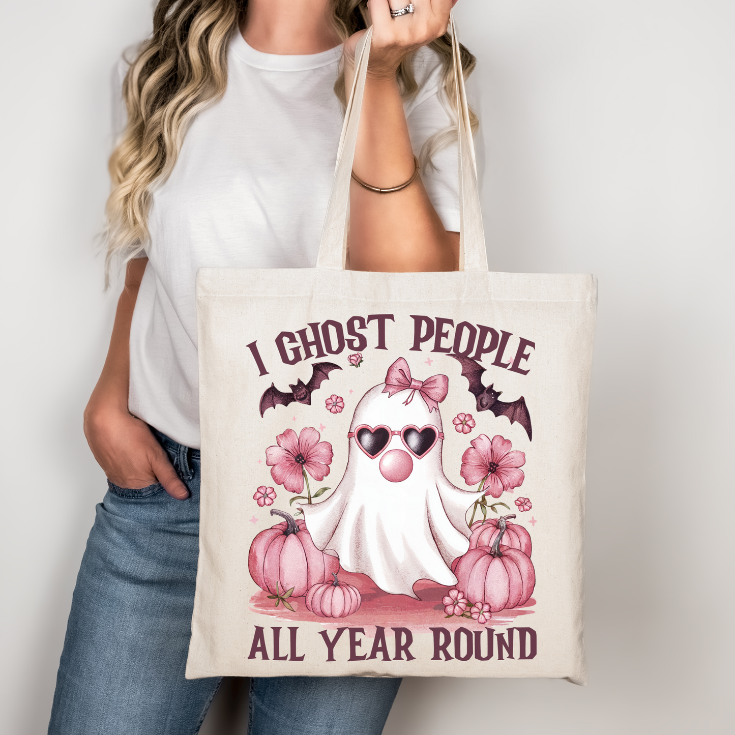 Halloween Baumwolltasche – I Ghost People All Year Round – Schwarze & Beige Tote Bag – DTG Druck – Geschenk für Geisterfans – Motiv auch als Bügelbild
