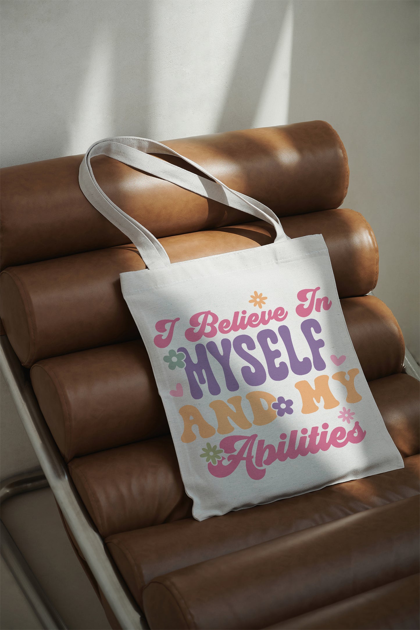 I Believe in Myself and My Abilities Baumwolltasche Stoffbeutel Spruch Retro Design nachhaltig Geschenk Shopper individuell bedruckt