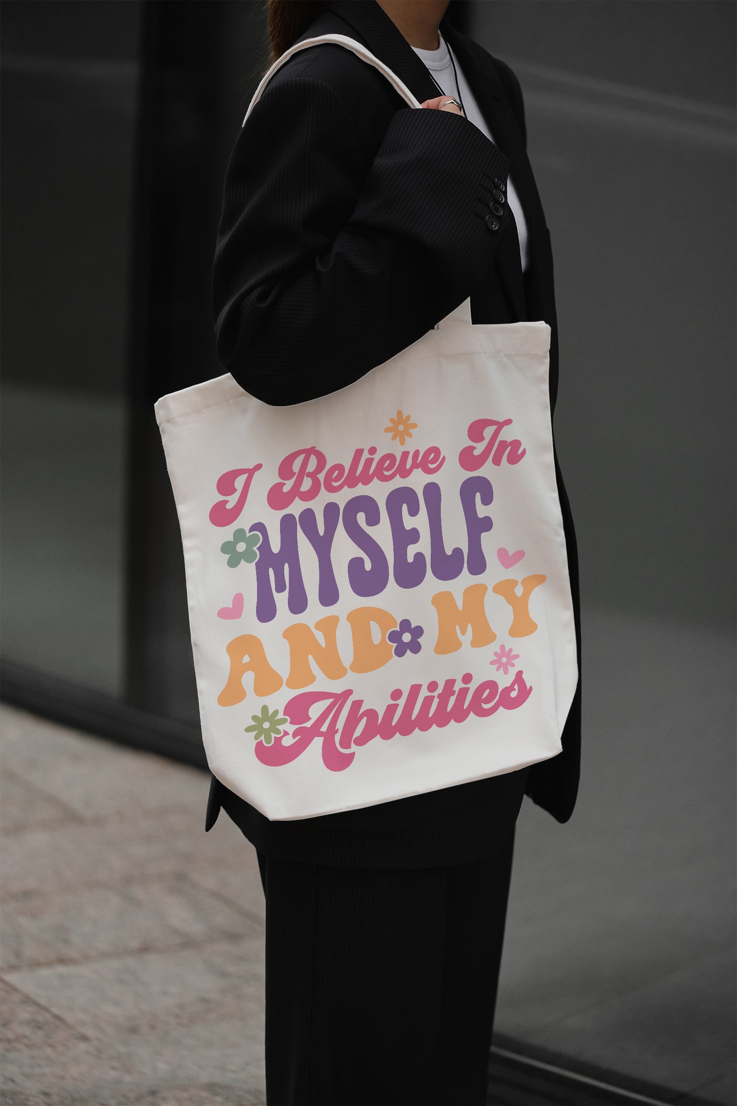I Believe in Myself and My Abilities Baumwolltasche Stoffbeutel Spruch Retro Design nachhaltig Geschenk Shopper individuell bedruckt