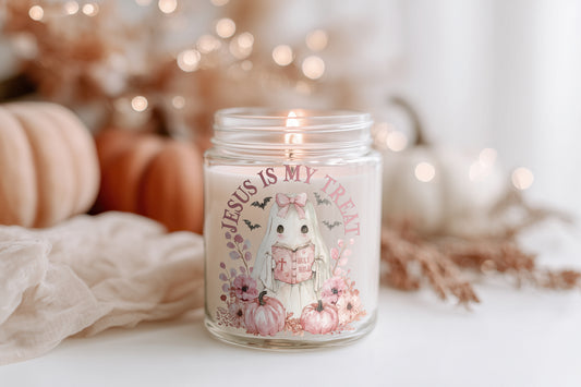 Jesus is my Treat Kerze – Halloween Kerze Herbst Duftkerze Glas Transparent Vegan Sojawachs Christliche Geschenkidee Homedecor