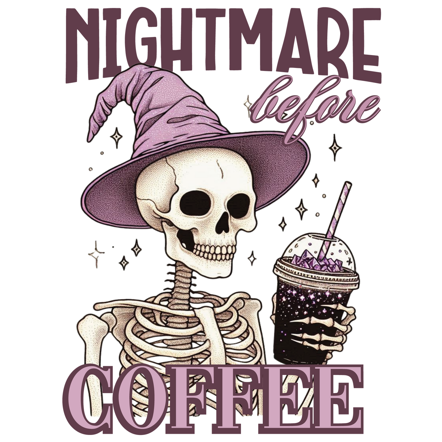 Halloween Tote Bag “Nightmare Before Coffee” – Baumwolltasche schwarz beige rosa – Skelett Hexe Kaffee Motiv – auch als Bügelbild