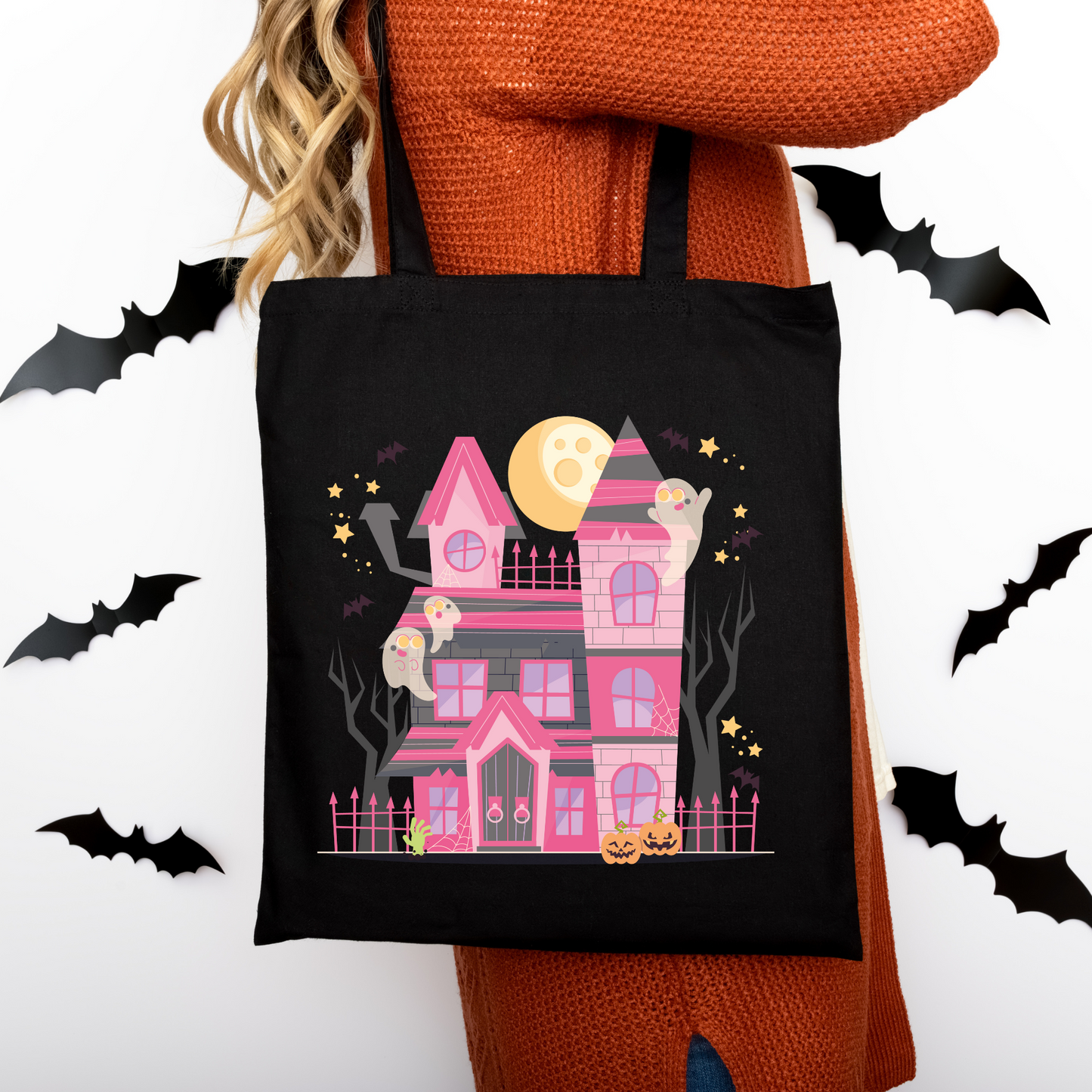 Pink Spooky House | Tragetasche mit Spruch – Baumwollbeutel mit Attitude