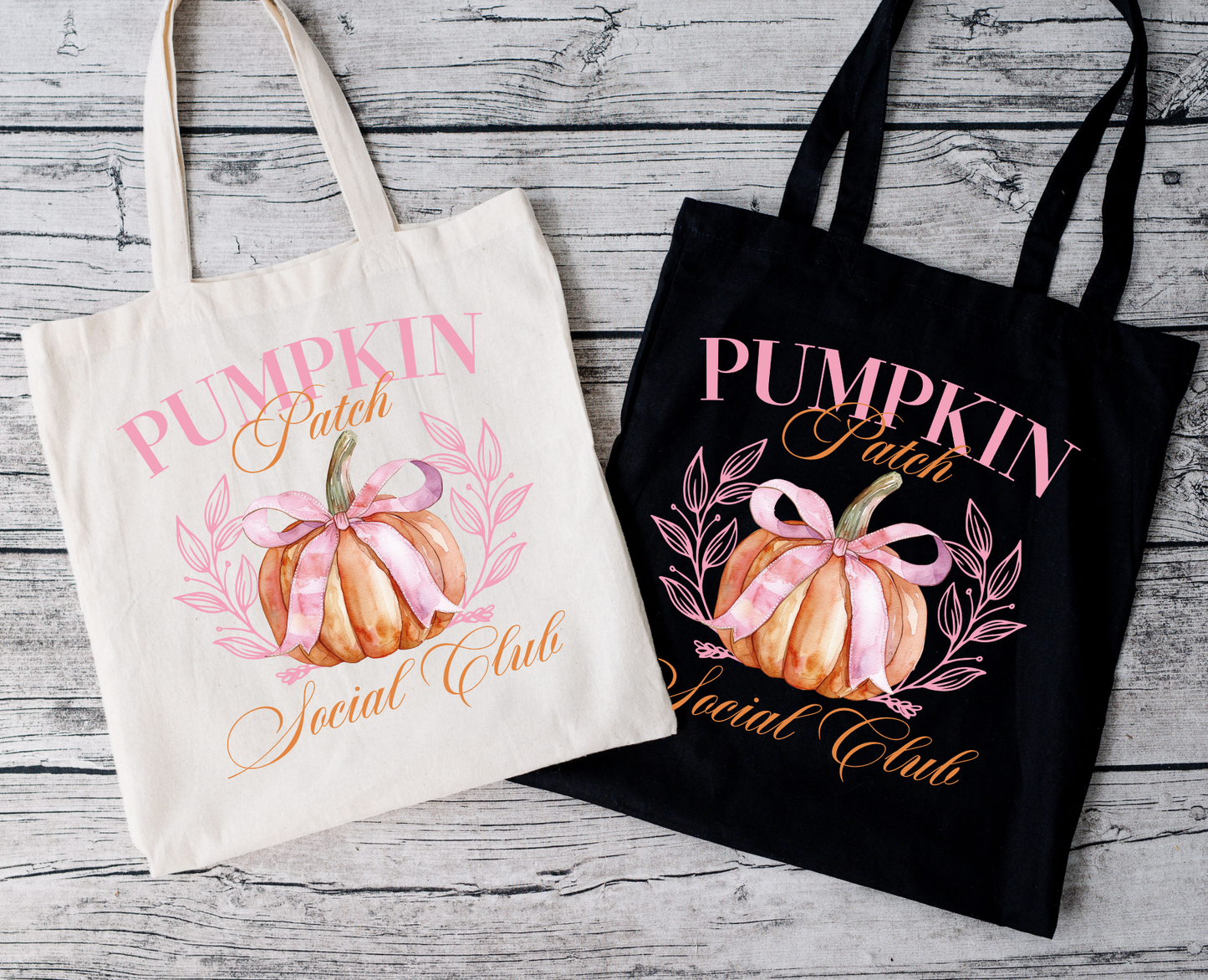 Herbst Tasche Kürbis Design – Pumpkin Patch Social Club Baumwollbeutel – Halloween Einkaufstasche in Beige, Schwarz oder Rosa – Auch als Bügelbild für Shirts, Kissen & Co.