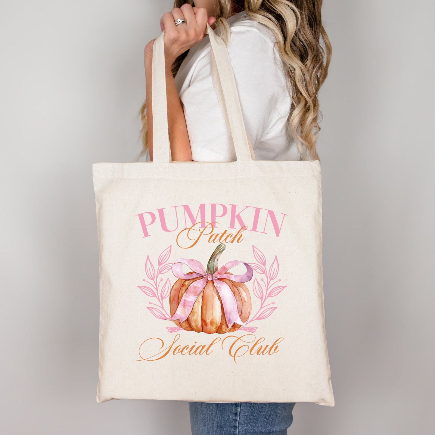 Herbst Tasche Kürbis Design – Pumpkin Patch Social Club Baumwollbeutel – Halloween Einkaufstasche in Beige, Schwarz oder Rosa – Auch als Bügelbild für Shirts, Kissen & Co.