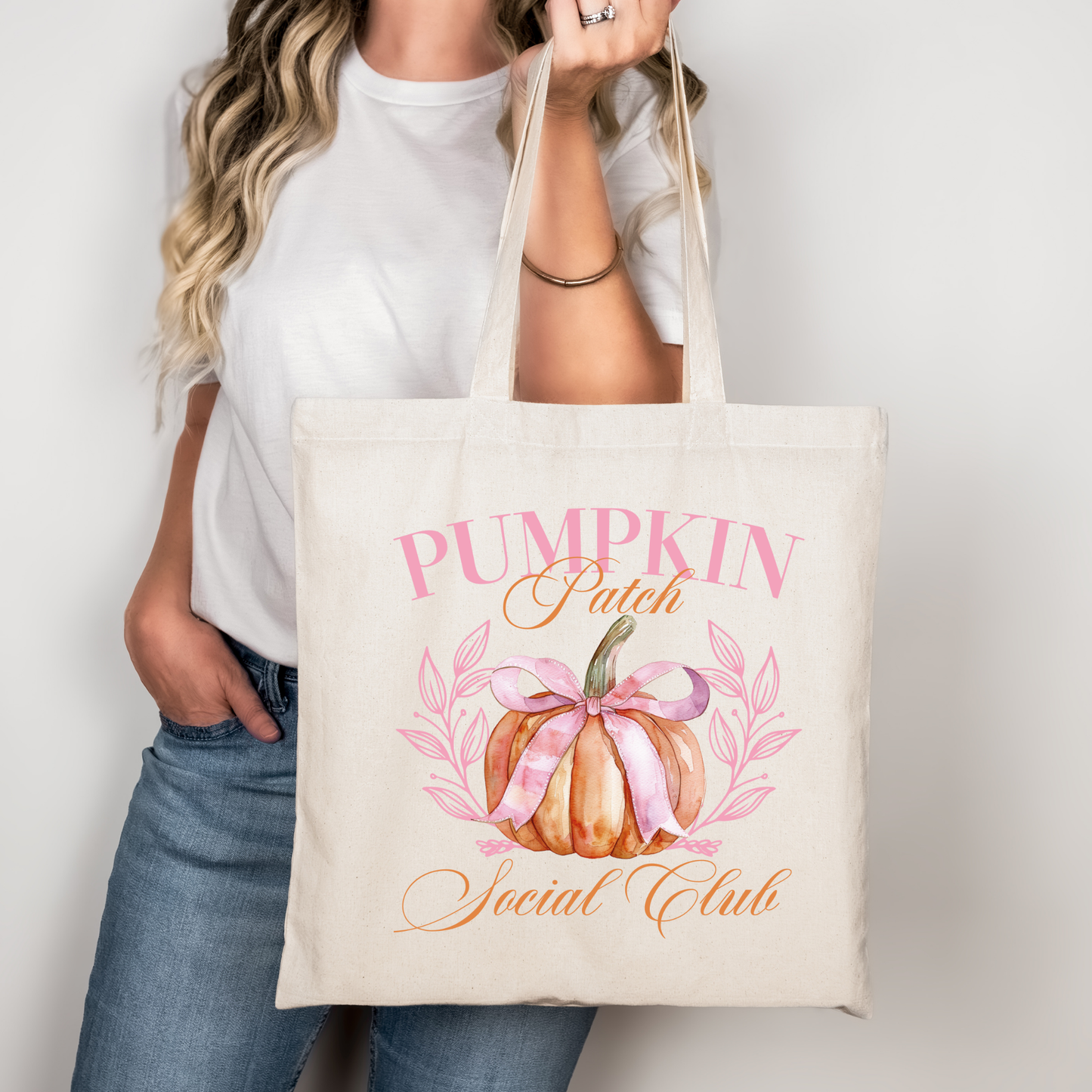 Herbst Tasche Kürbis Design – Pumpkin Patch Social Club Baumwollbeutel – Halloween Einkaufstasche in Beige, Schwarz oder Rosa – Auch als Bügelbild für Shirts, Kissen & Co.