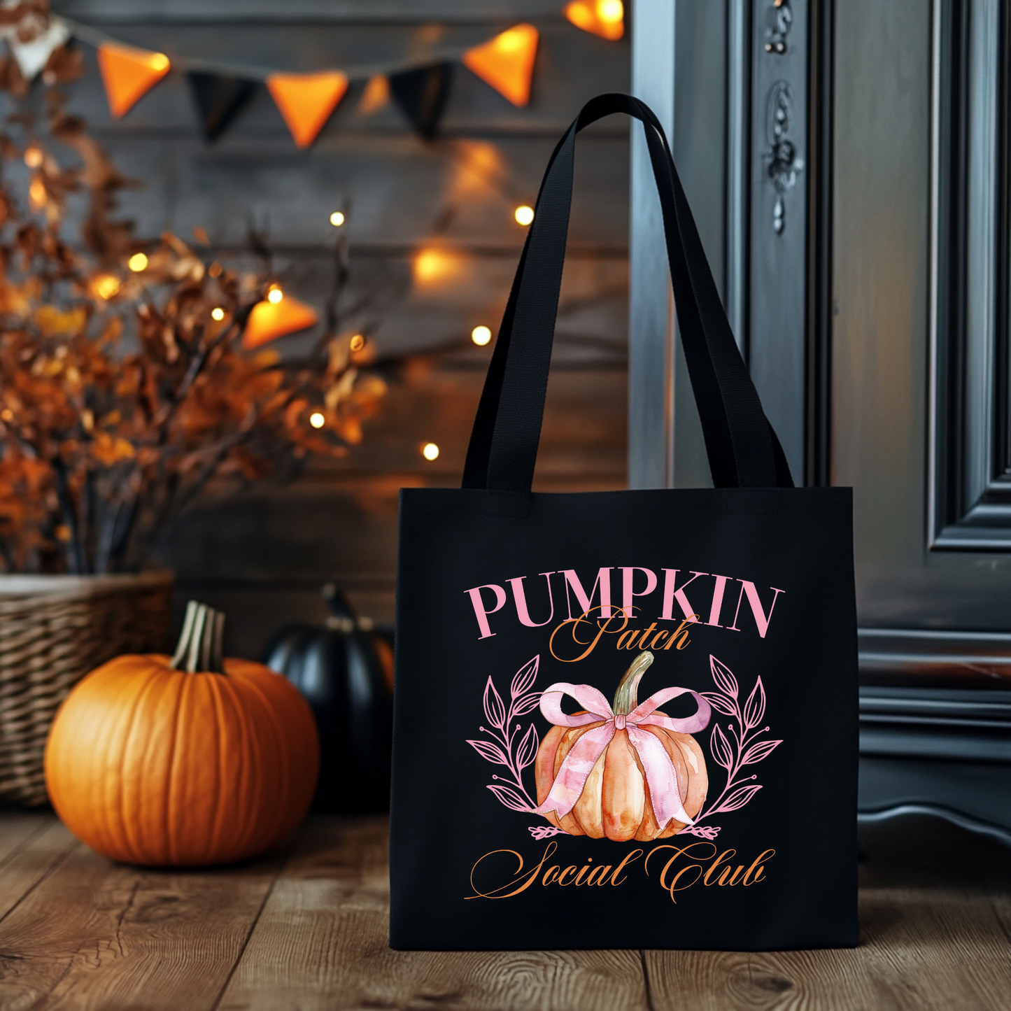 Herbst Tasche Kürbis Design – Pumpkin Patch Social Club Baumwollbeutel – Halloween Einkaufstasche in Beige, Schwarz oder Rosa – Auch als Bügelbild für Shirts, Kissen & Co.