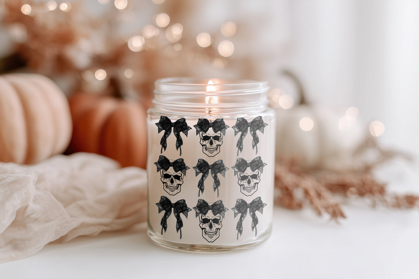 Skull Bow Kerze Halloween Duftkerze Glas vegan Sojawachs, Gothic Candle, spooky Herbstkerze Geschenkidee Frauen Deko