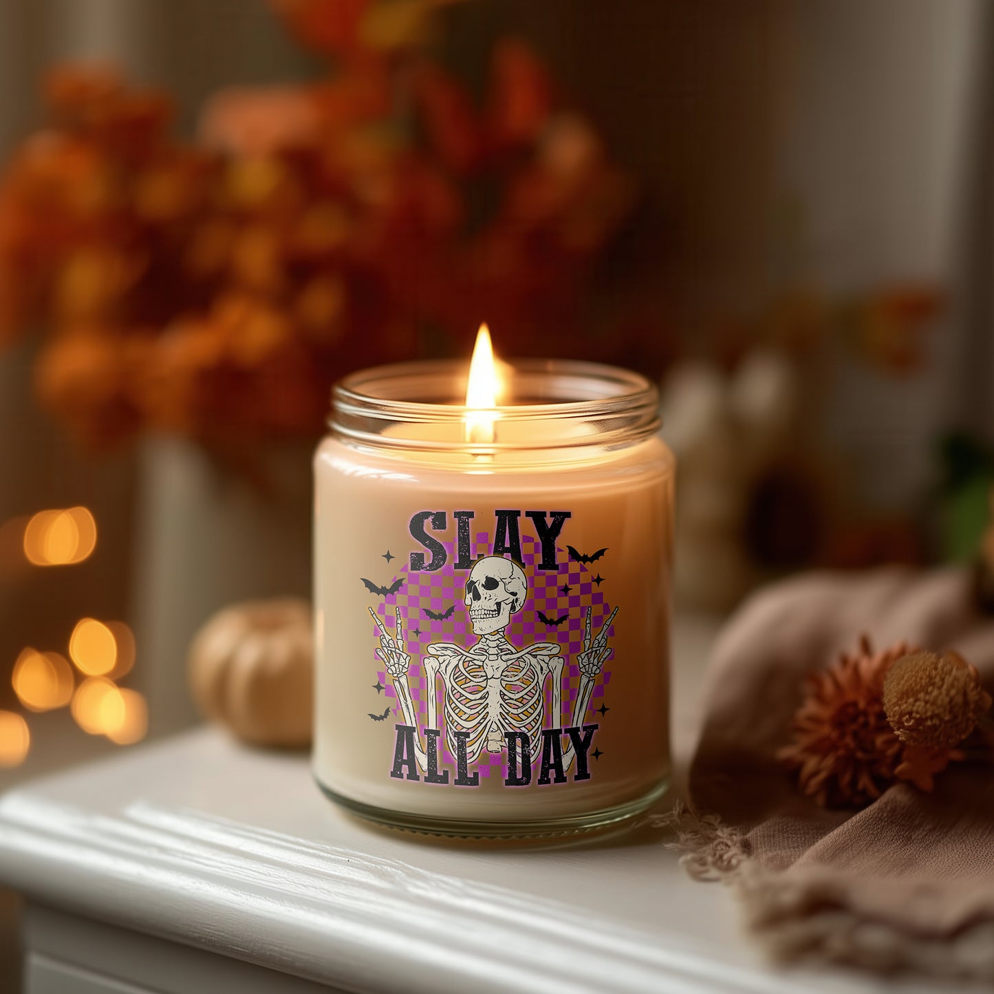 Slay All Day Kerze Halloween Duftkerze Glas vegan Sojawachs, Skeleton Candle, spooky Herbstdeko Geschenkidee Frauen